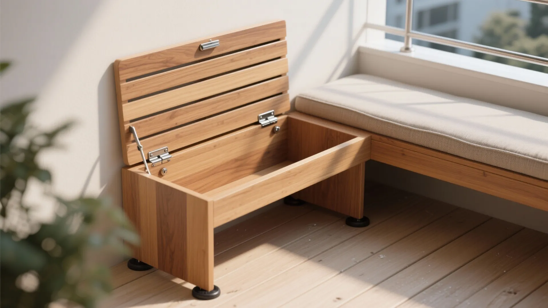 Wooden balcony storage bench with an open lid next to a padded seat with cushion
