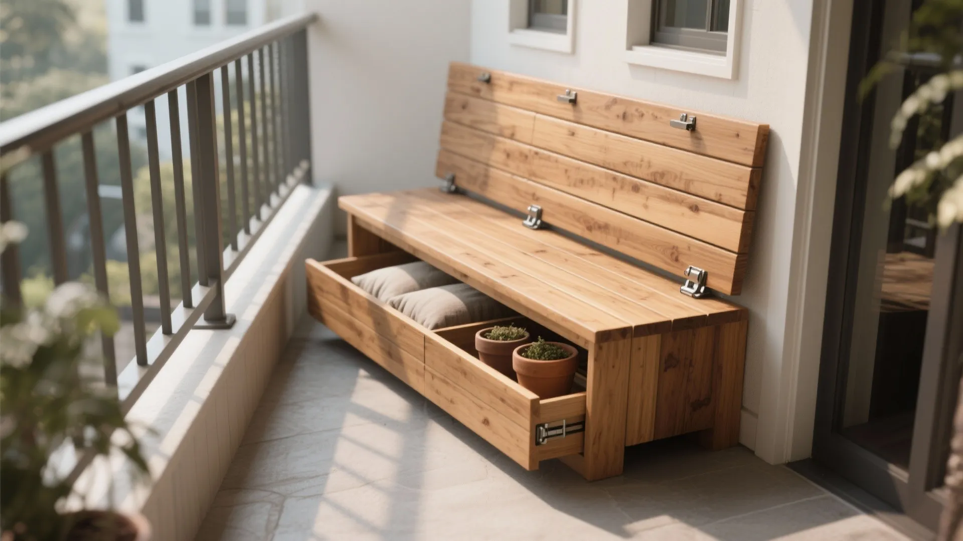 Cedar bench with hinged storage lids holding cushions and pots on a balcony.