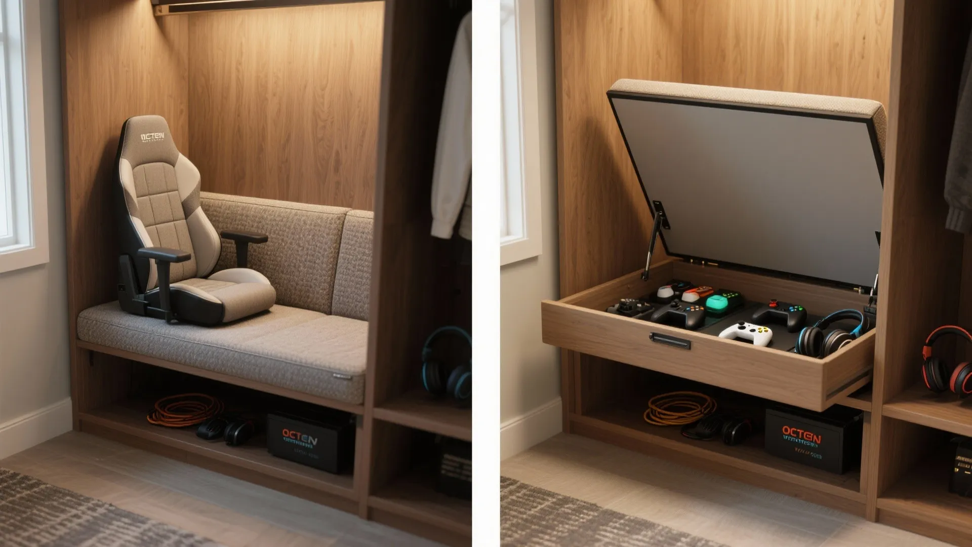 A storage bench opening to reveal controllers and cables, showing hidden storage in a gaming nook.