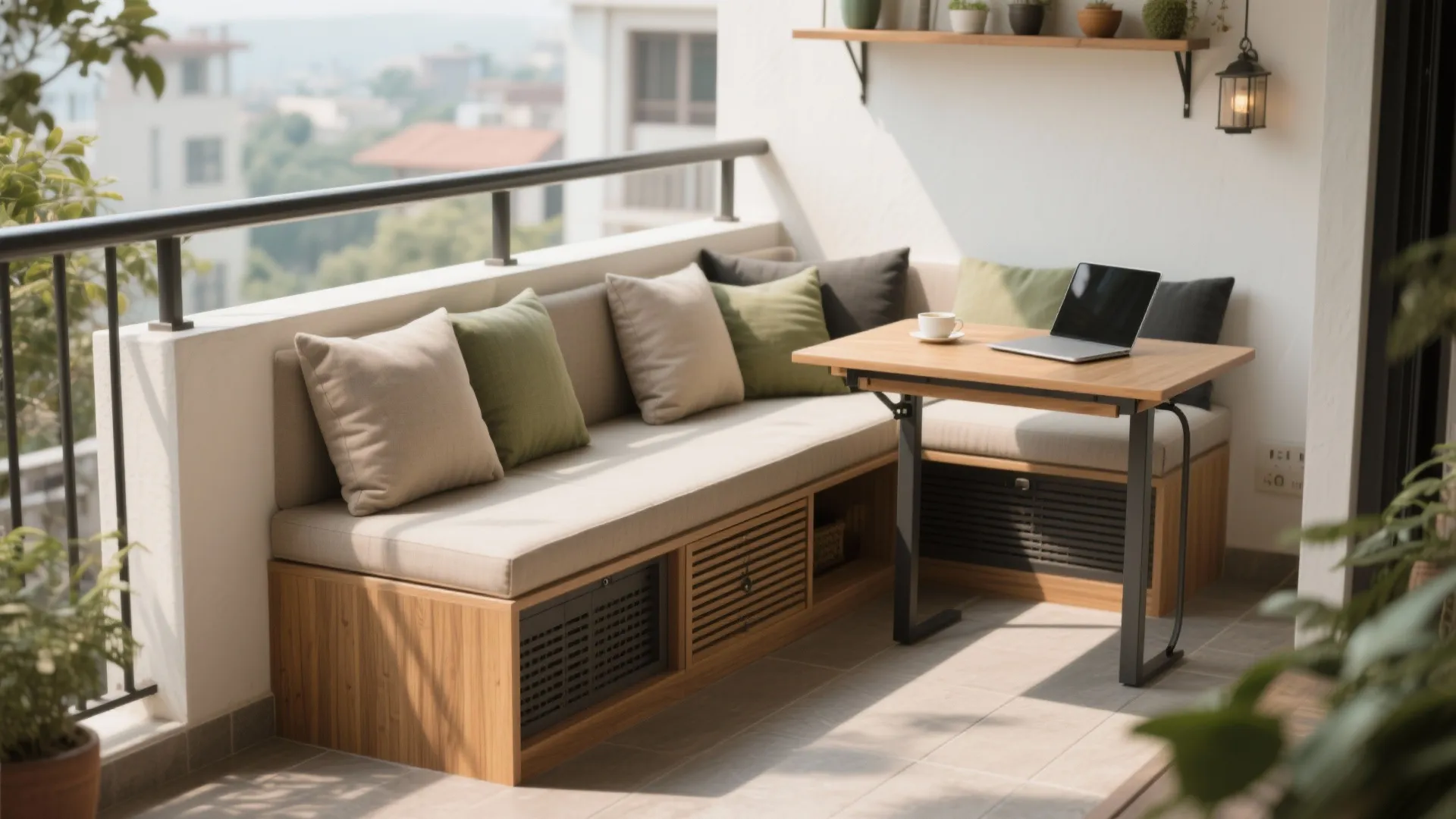 Modern balcony with wooden storage bench green pillows laptop on table and black metal railing view
