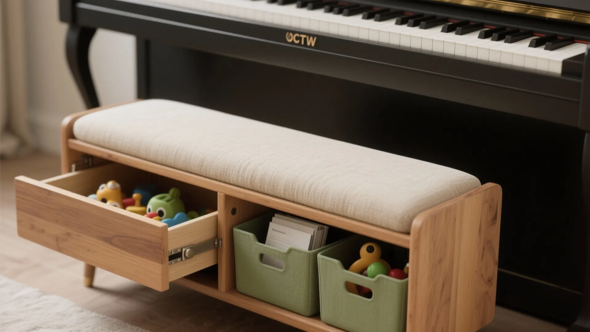 Wooden piano bench with a white cushion and open drawers filled with colorful children toys