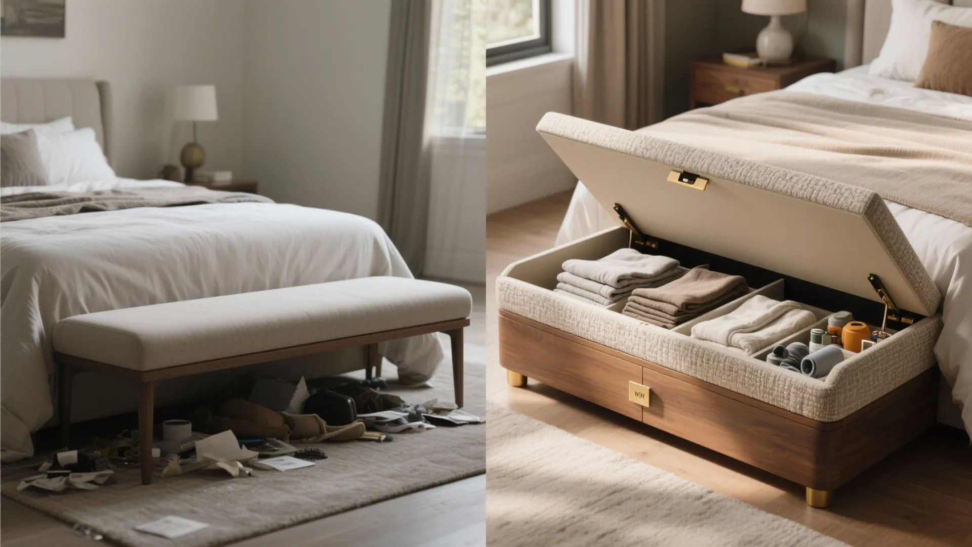 Messy bedroom floor under a bench versus neat storage footrest holding organized clothes in dividers