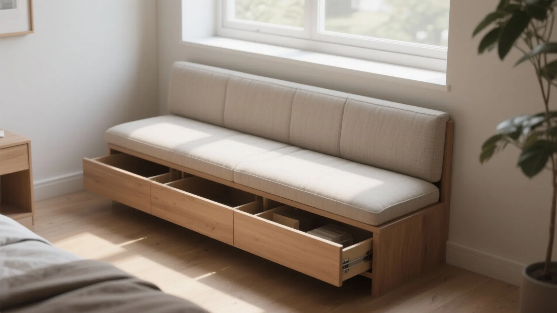Light wood storage bench with white cushions and open drawers placed by a sunny bedroom window