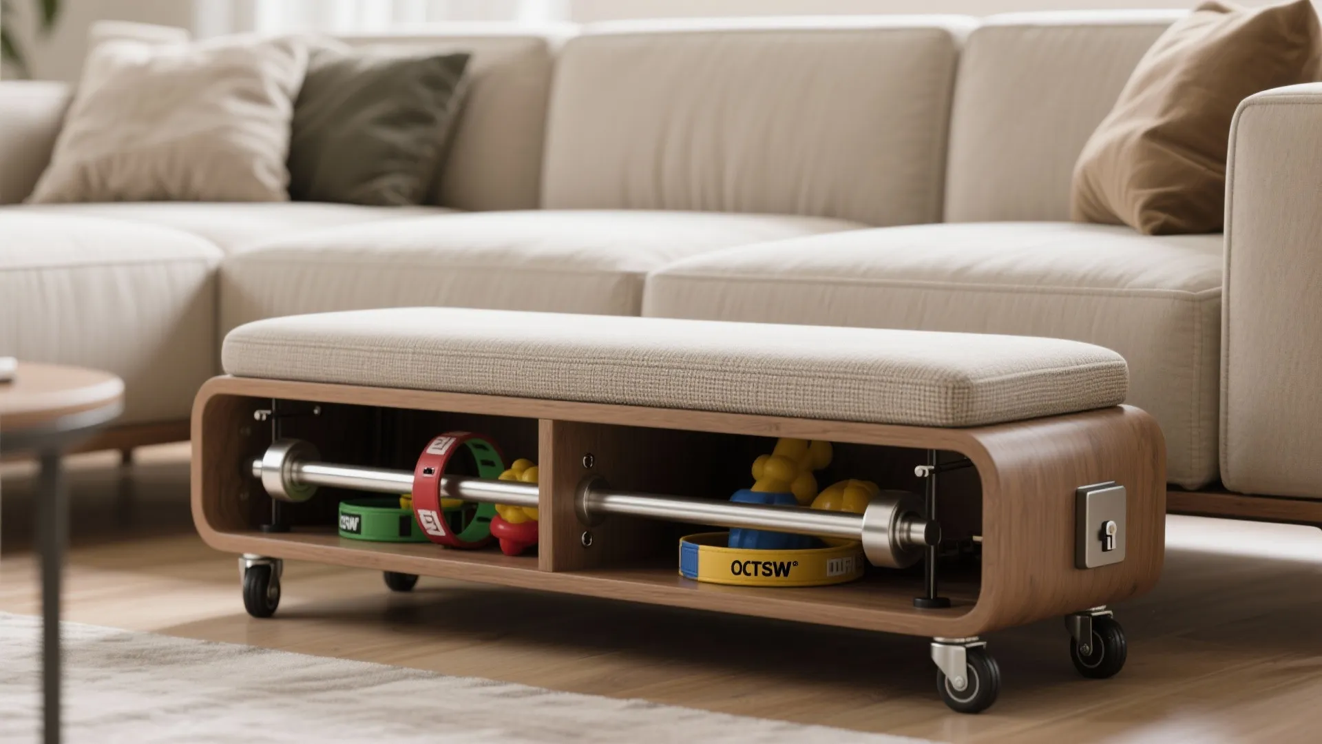 Wooden storage bench with wheels and cushioned seat containing exercise gear in front of beige sofa