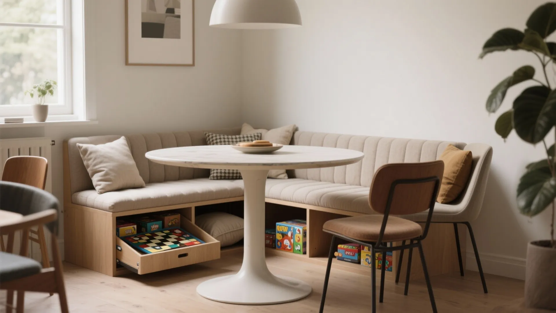 L-shaped corner bench with storage drawers showing board games and a round white dining table