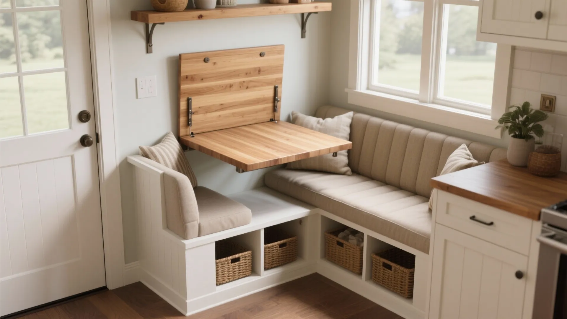 5. Built-in storage bench with integrated butcher block