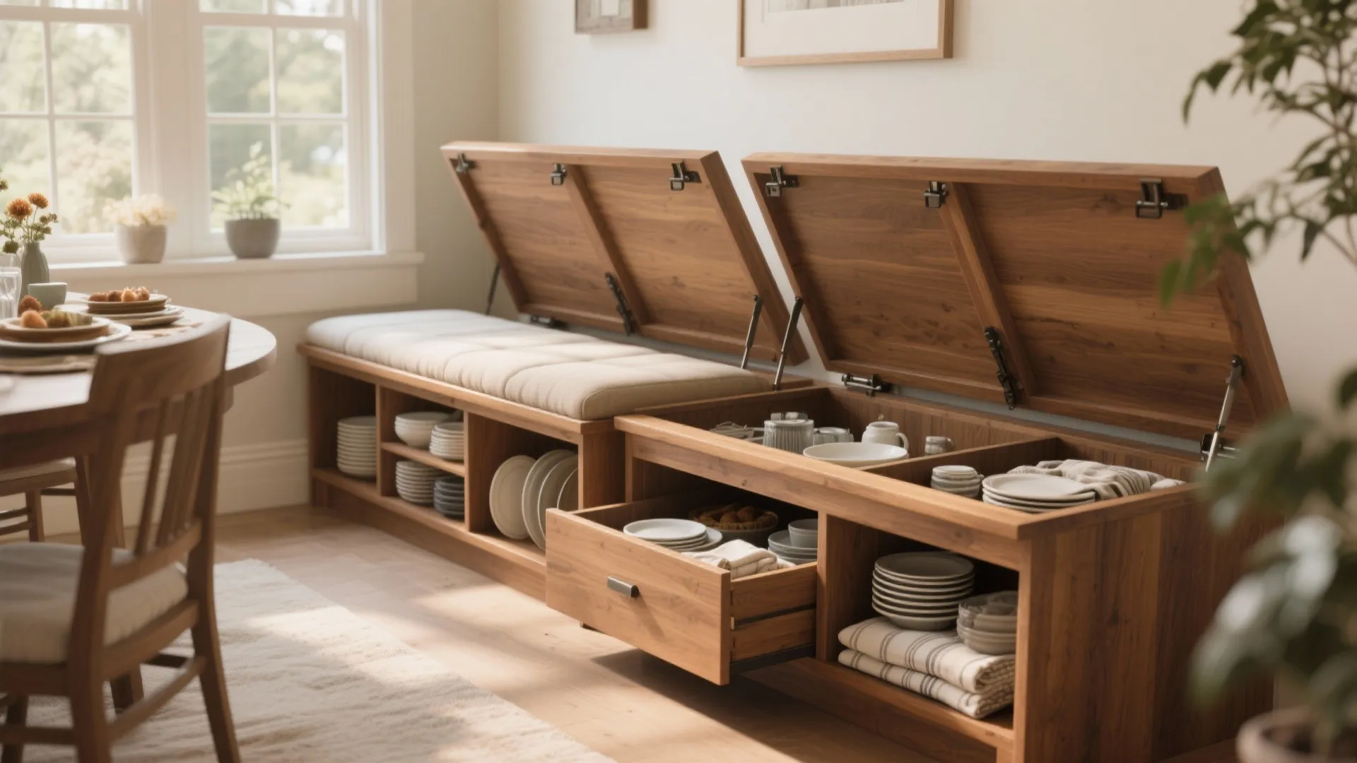 Wooden dining storage bench with open compartments and lifting seat lids showing organized plates and bowls