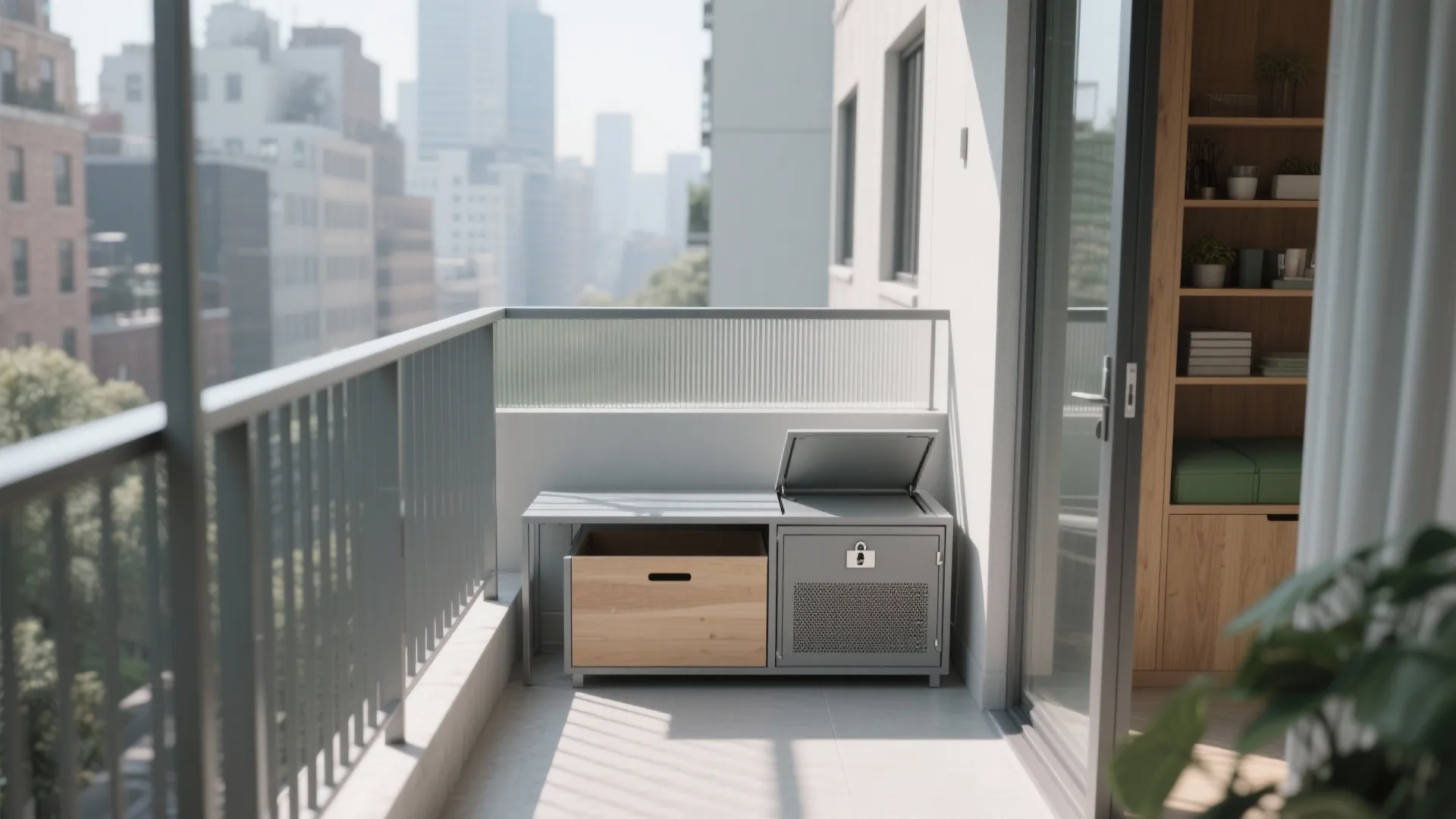 Minimalist balcony storage that hides clutter
