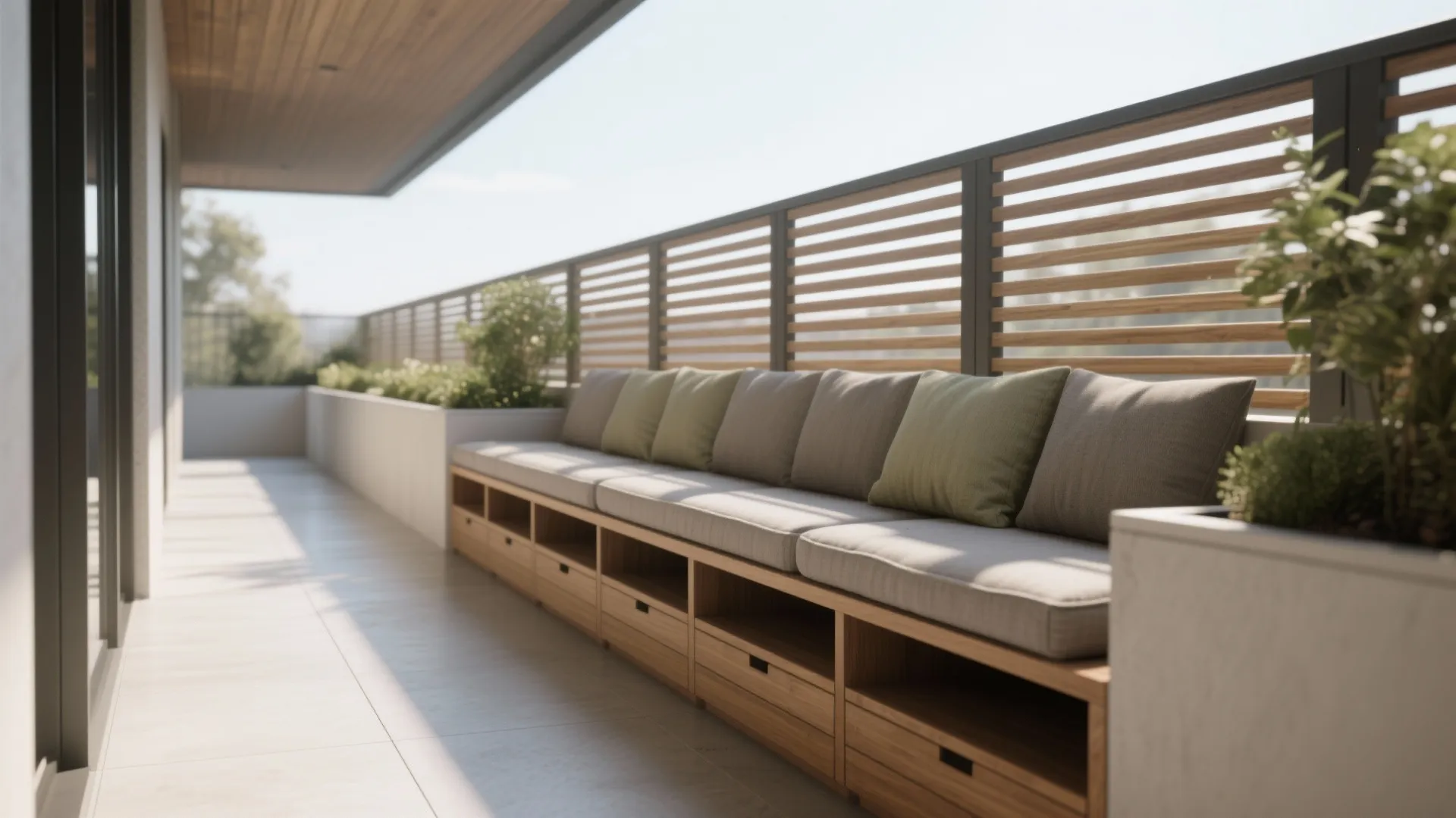Long wooden outdoor storage bench with grey cushions and pillows on a sunny apartment balcony terrace