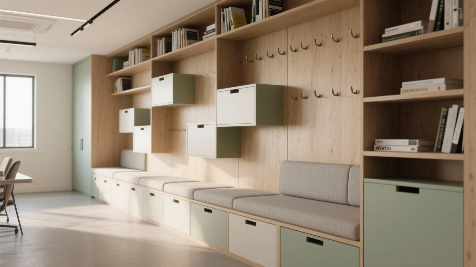 Long wooden bench with grey cushions wall storage cabinets and hooks for coats in modern hallway