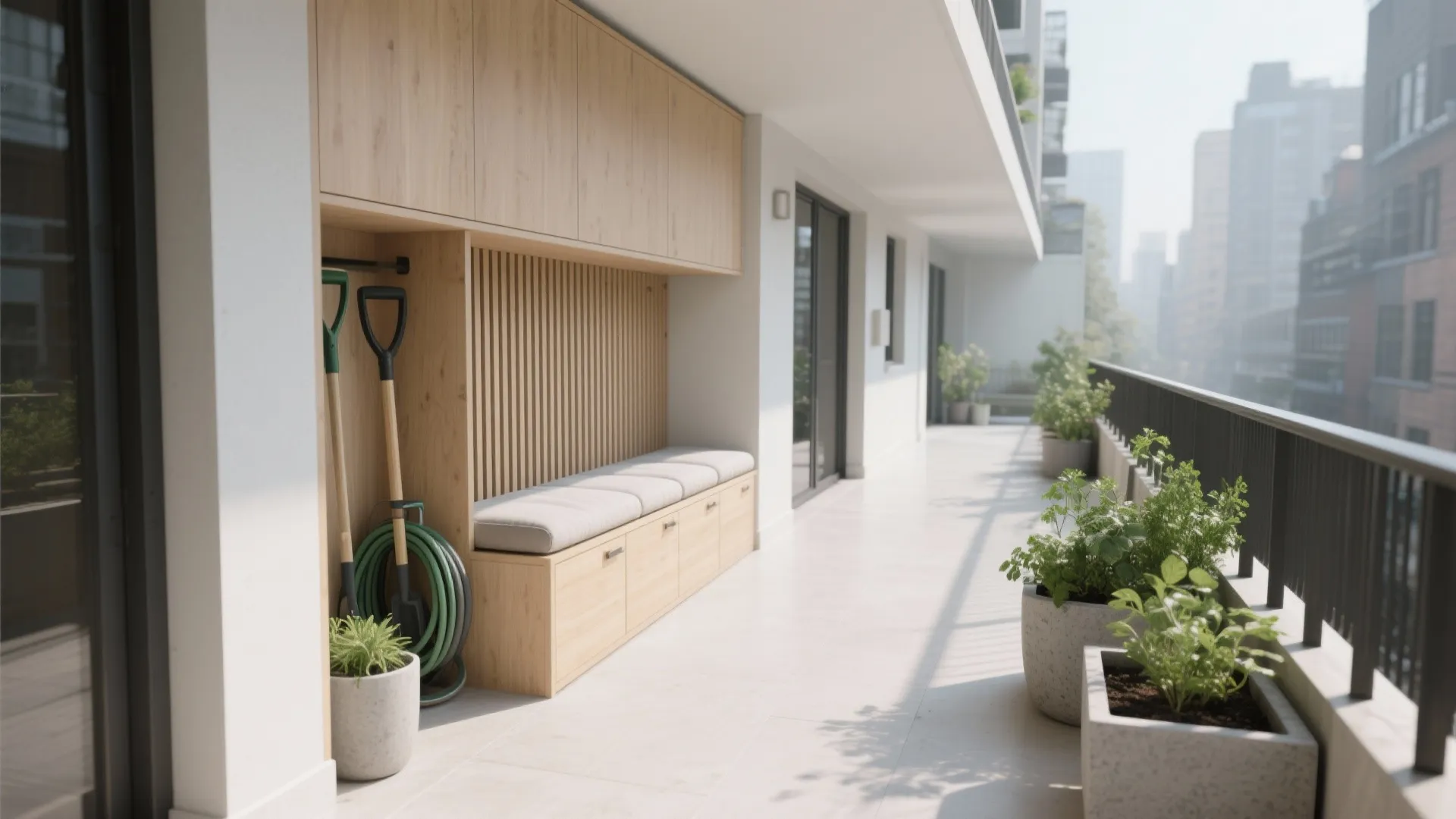 Minimalist Storage Wall with a Slim Bench