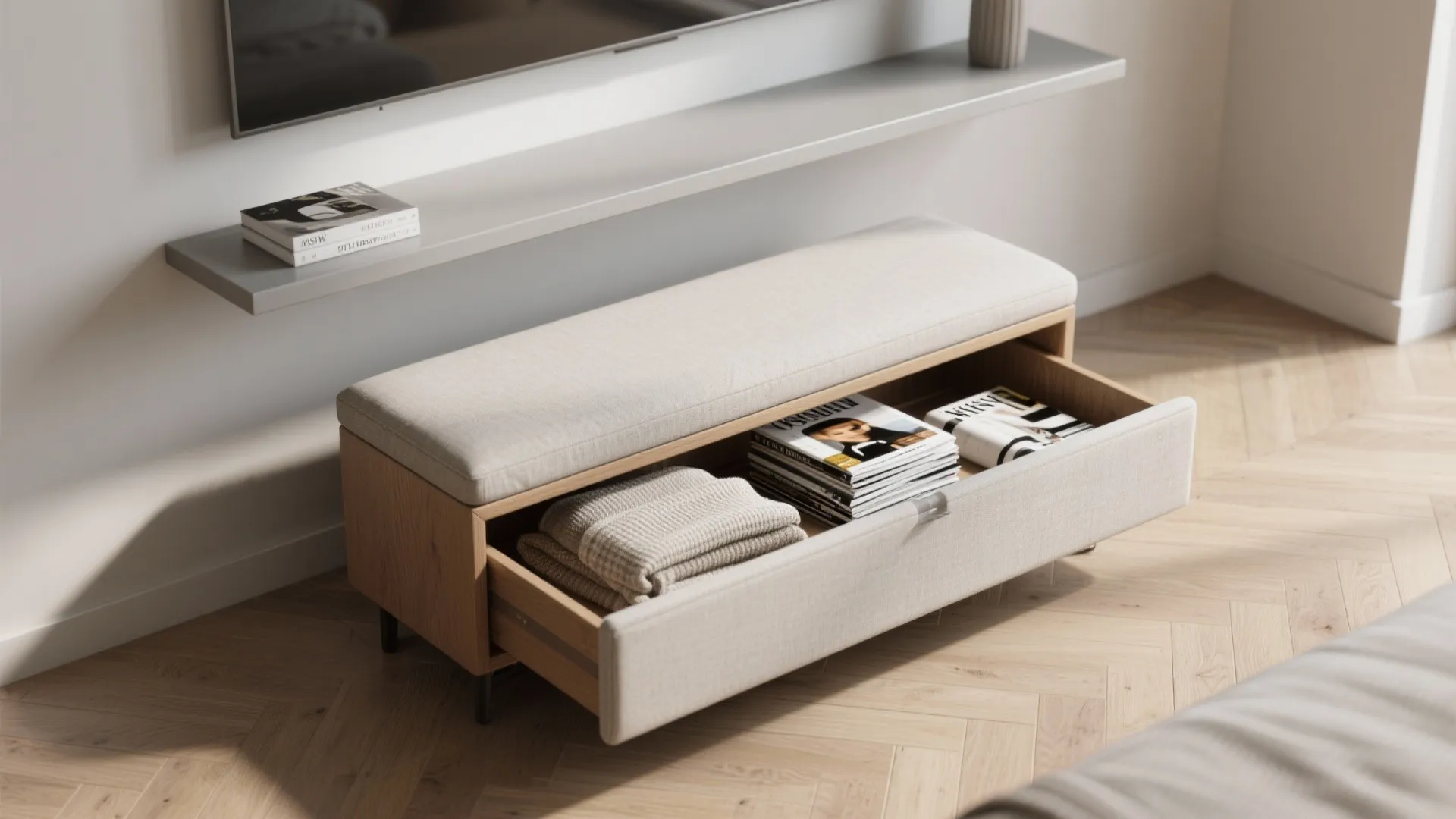 Slim storage bench ottoman shown open with throws inside and tucked under a floating shelf.