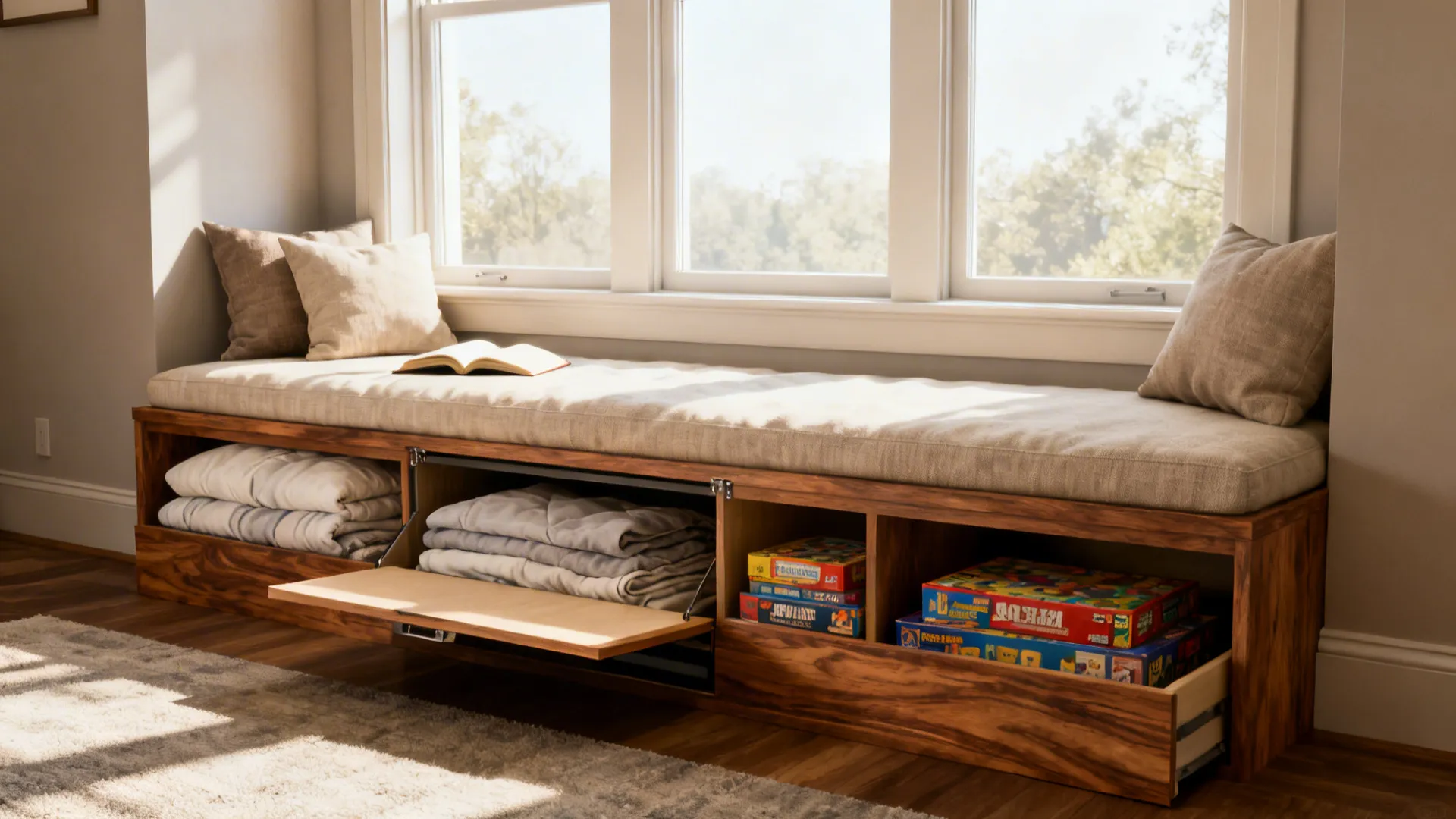 Wooden window seat bench with open storage drawers containing blankets and board games near windows