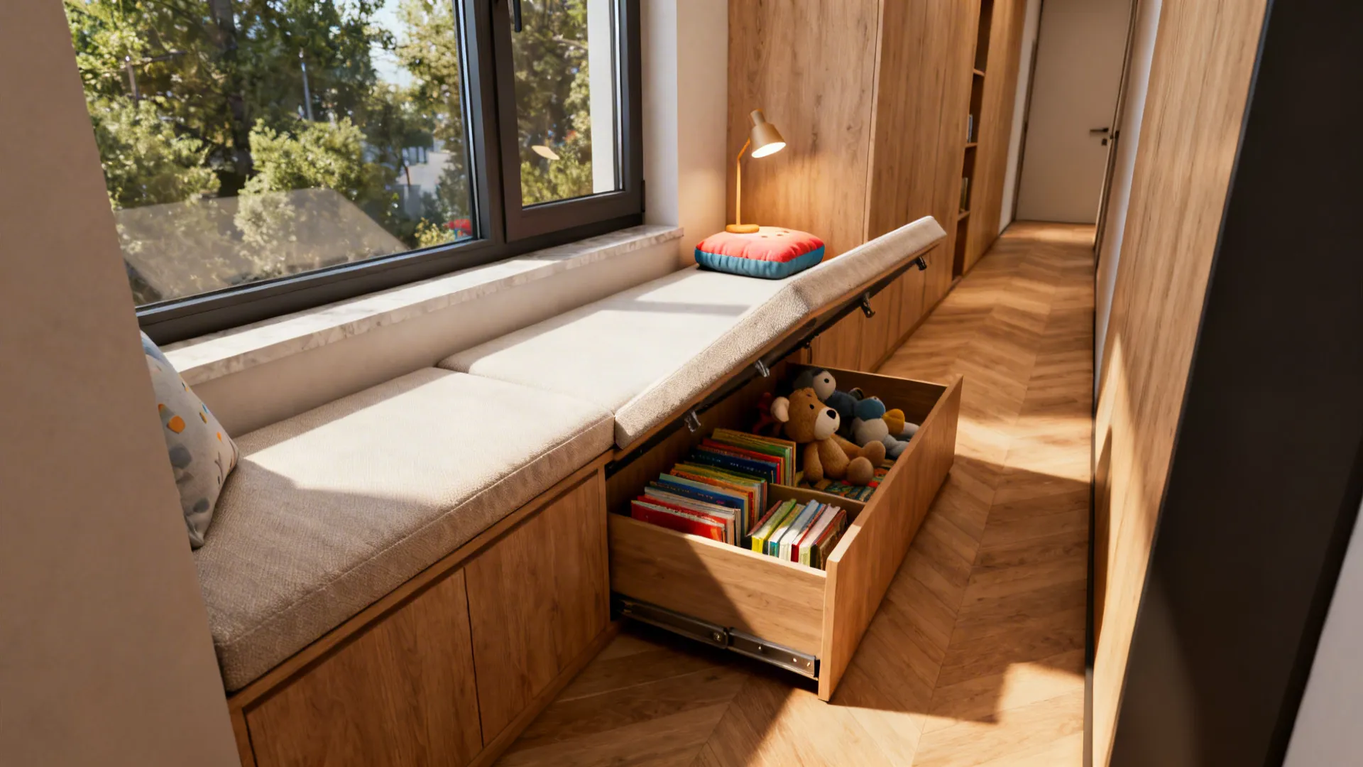 Storage bench under a window with lift-top compartments storing toys and books.