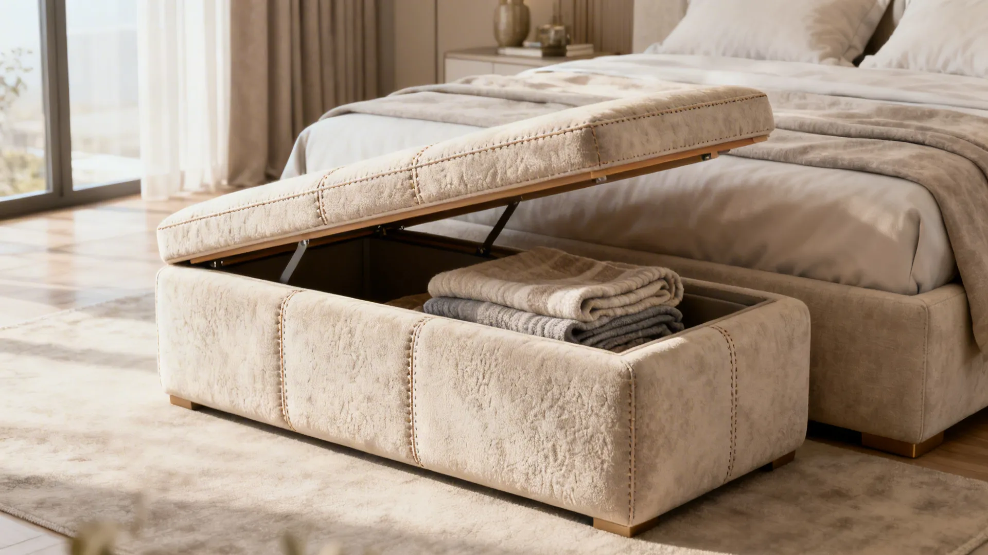 Beige storage bench at the foot of a bed with folded blankets inside the compartment