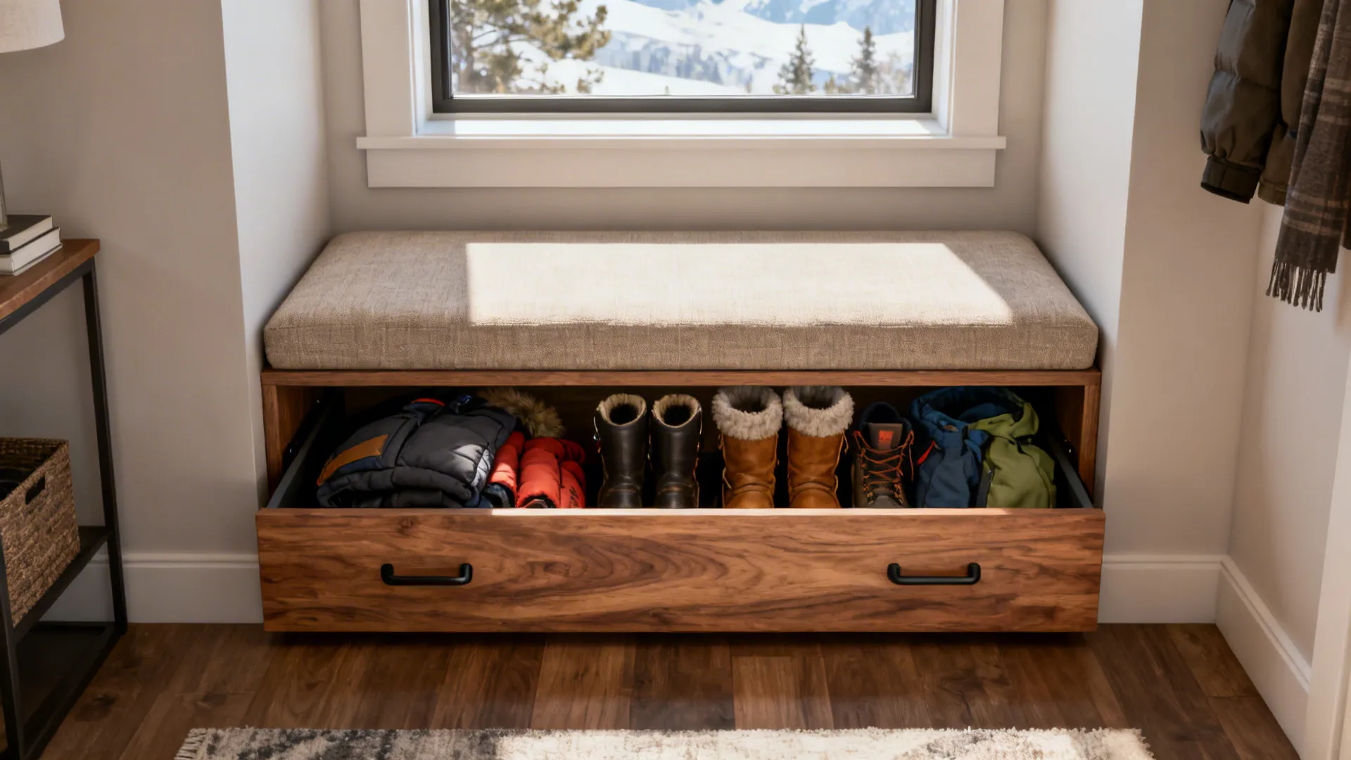 Built-in window bench with hidden storage holding boots and winter gear.