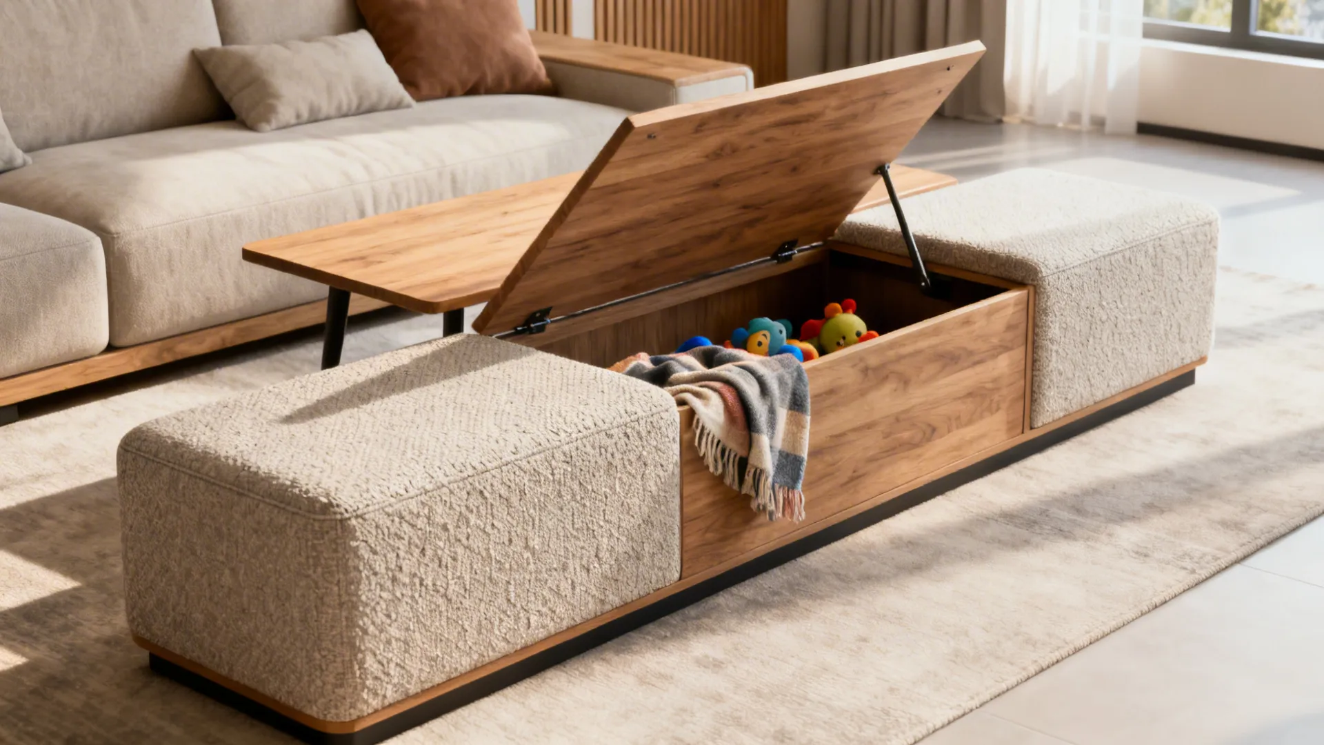 Wooden storage bench with open lid showing toys and blanket in a modern living room