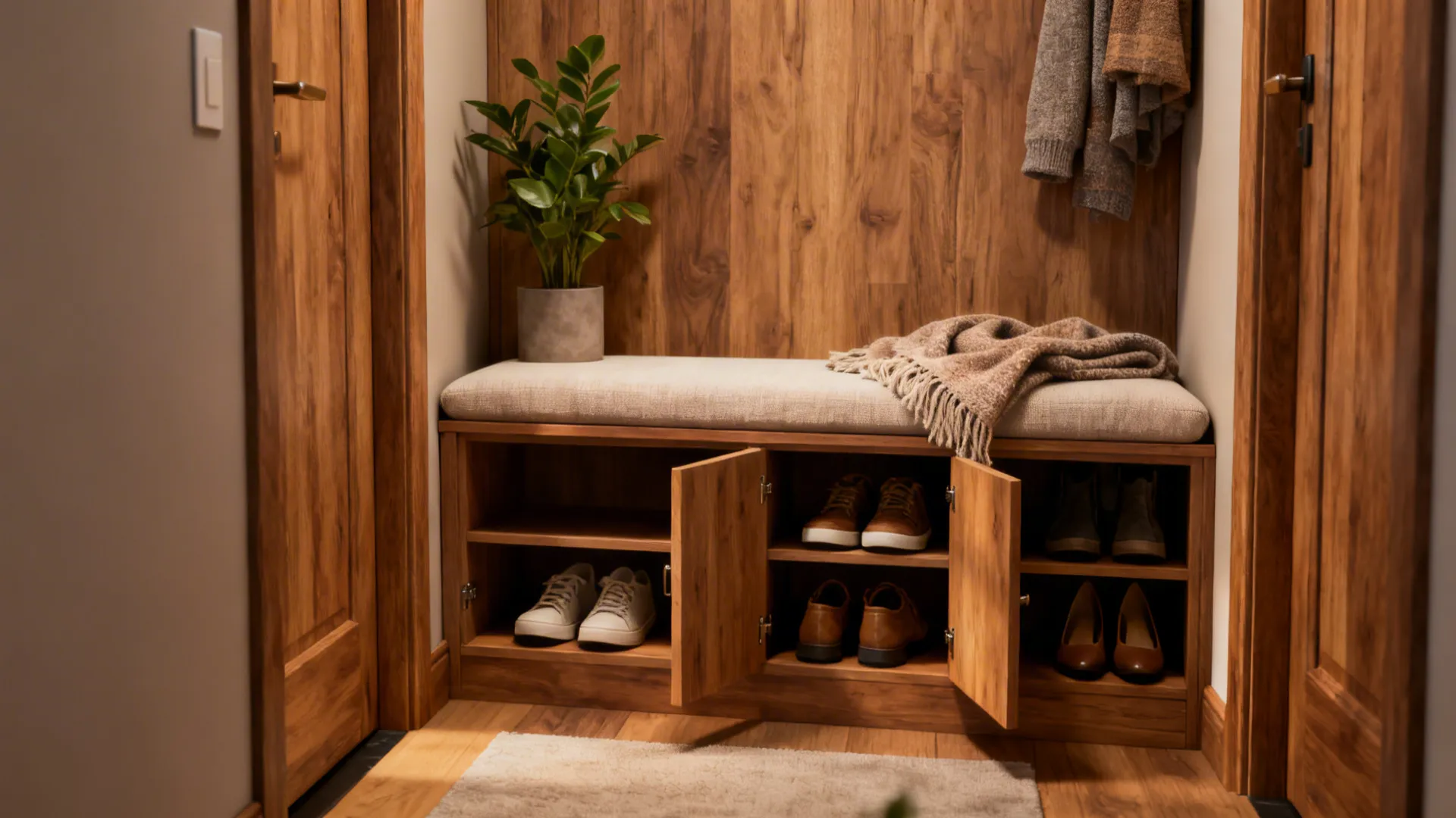 Narrow entry bench with hidden cubbies storing shoes and a cushion on top