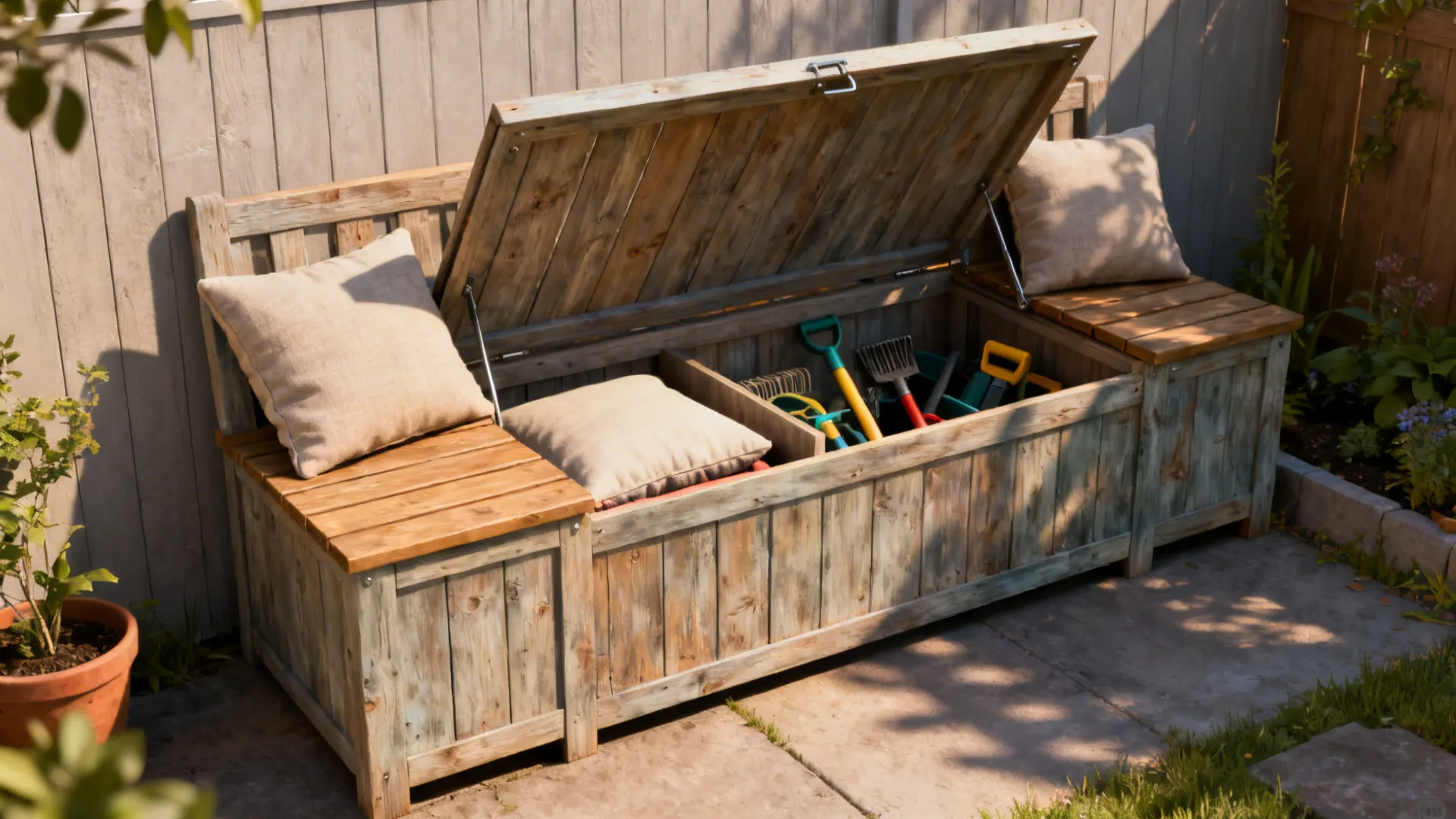 Wooden multi-functional bench with hinged storage holding cushions and tools in a small backyard.