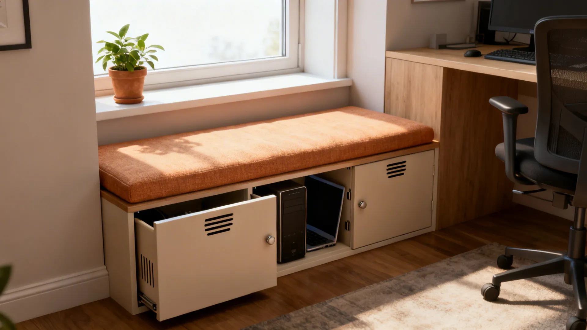 Multi-functional storage bench under a window used for seating and hidden storage.
