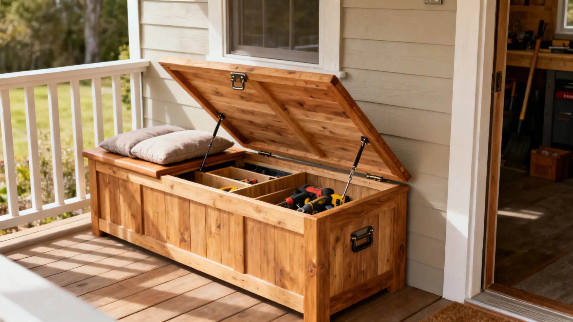 Built-in wooden bench with hidden storage on a small porch, showing open lid and cushions.