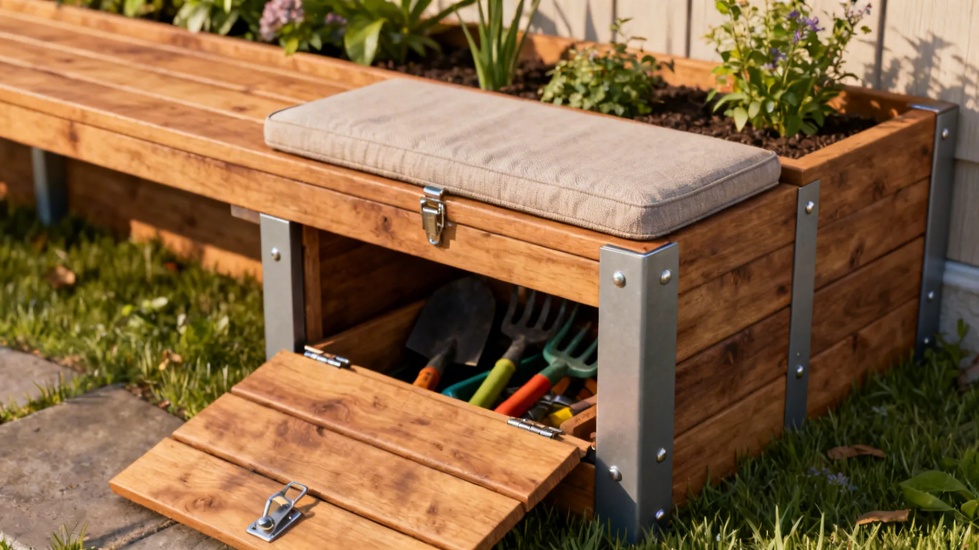 Cedar bench with hinged storage in a compact front yard storing tools and doubling as seating.