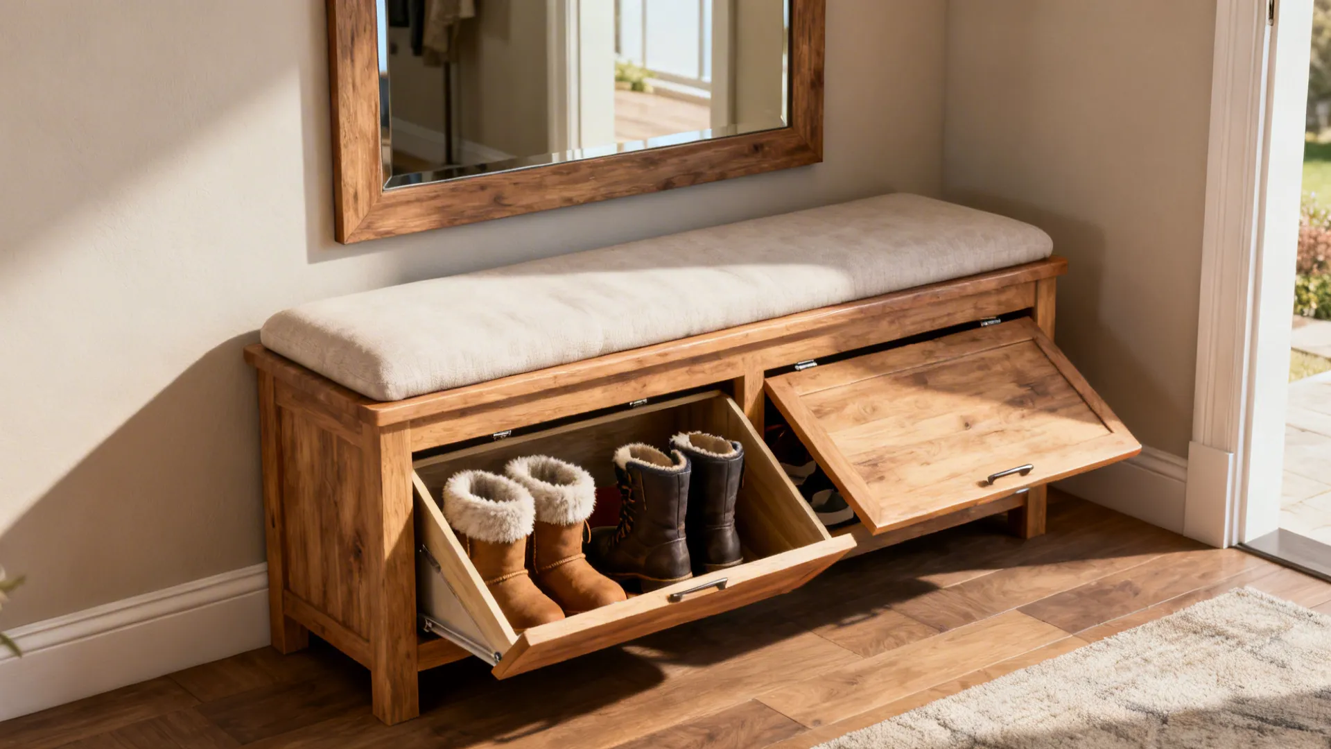 Entry bench with lift-up lids revealing hidden shoe compartments beneath the seat.