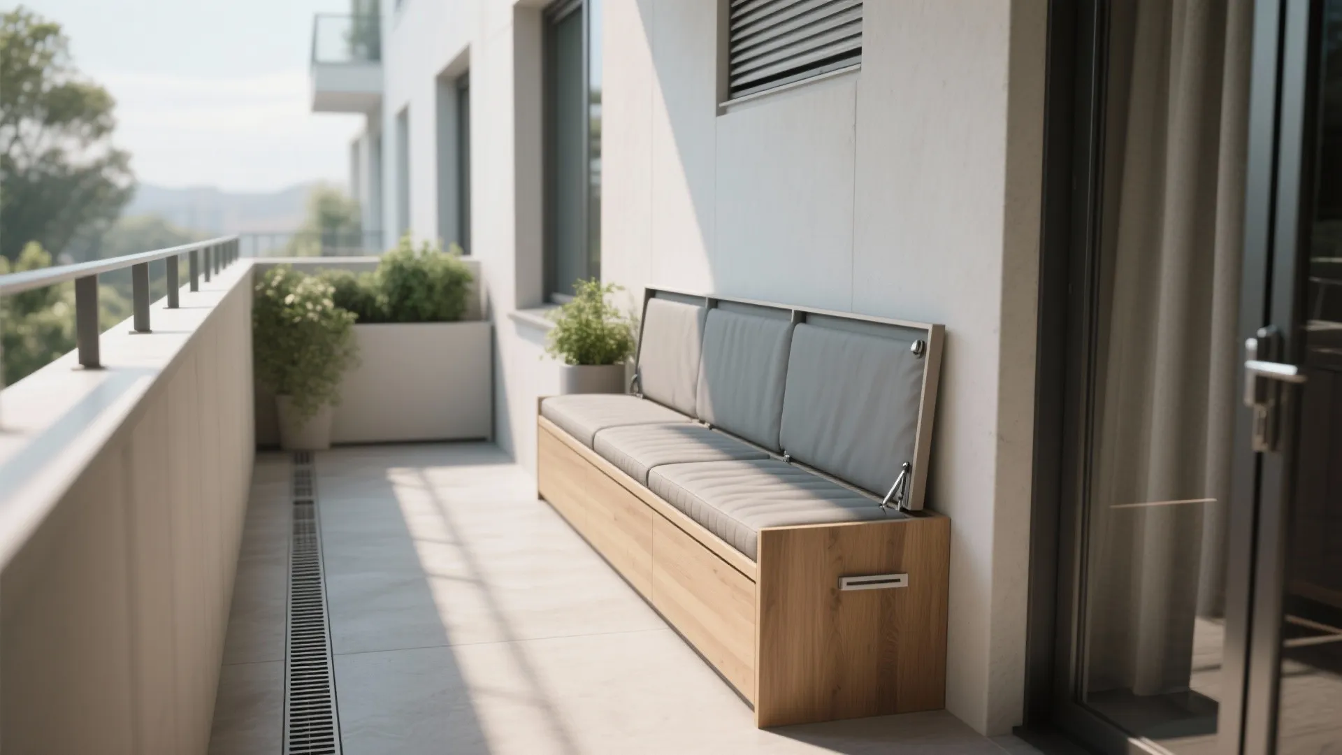 Modern wooden storage bench with grey cushions placed on a sunny balcony with green plants