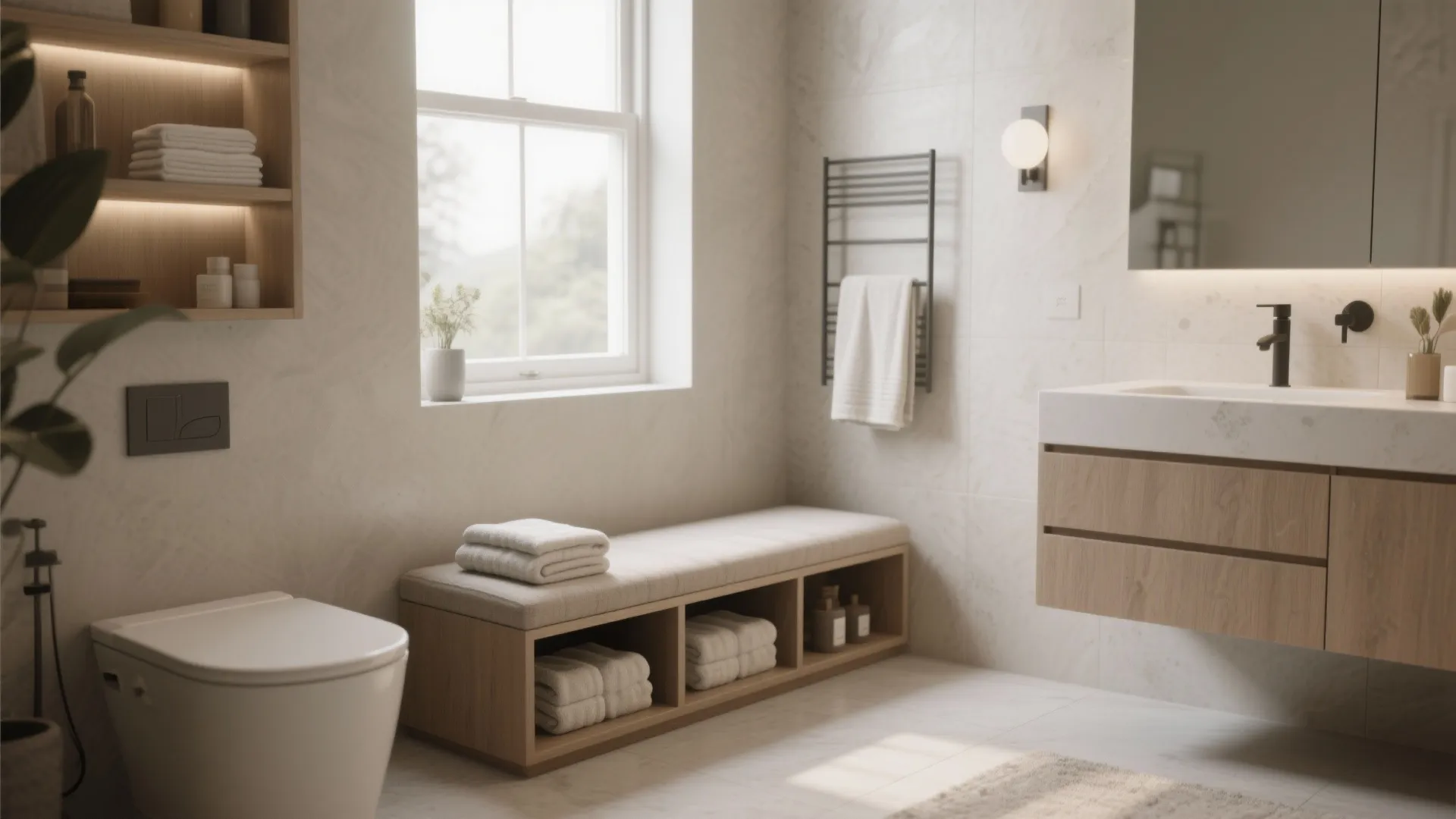 Light bathroom featuring wooden storage bench with towels near window toilet and floating vanity unit