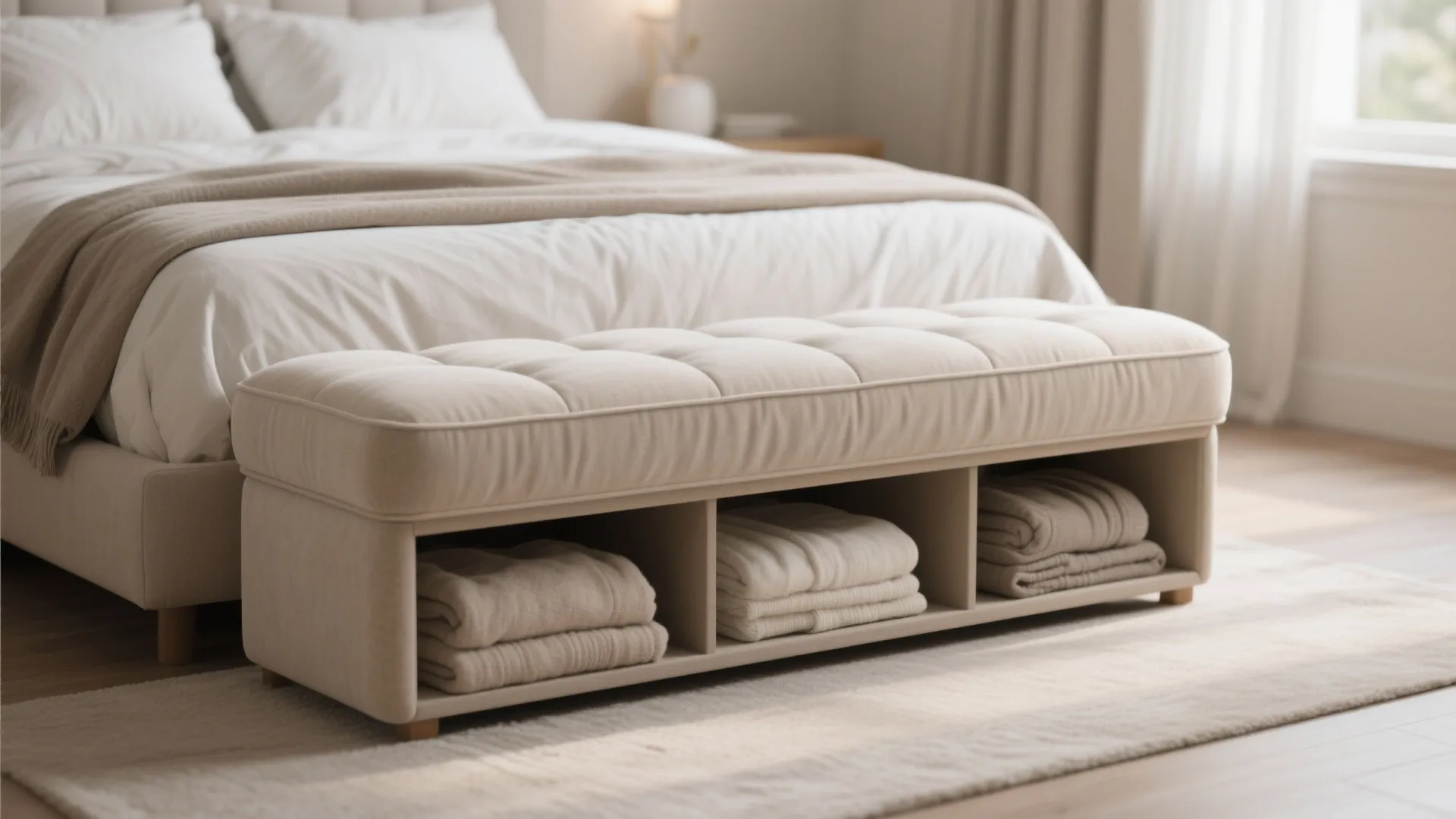 Modern bedroom with a white upholstered storage bench at the foot of a large bed