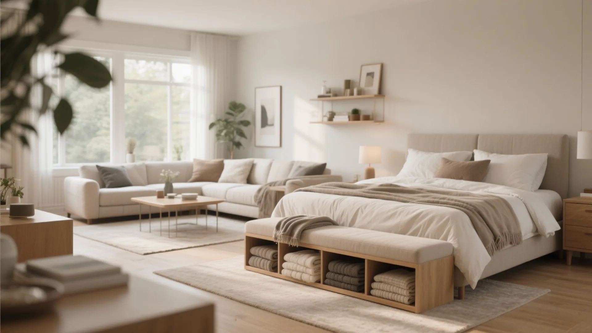 Bright neutral bedroom including a comfortable bed with wooden storage bench and white sofa near window