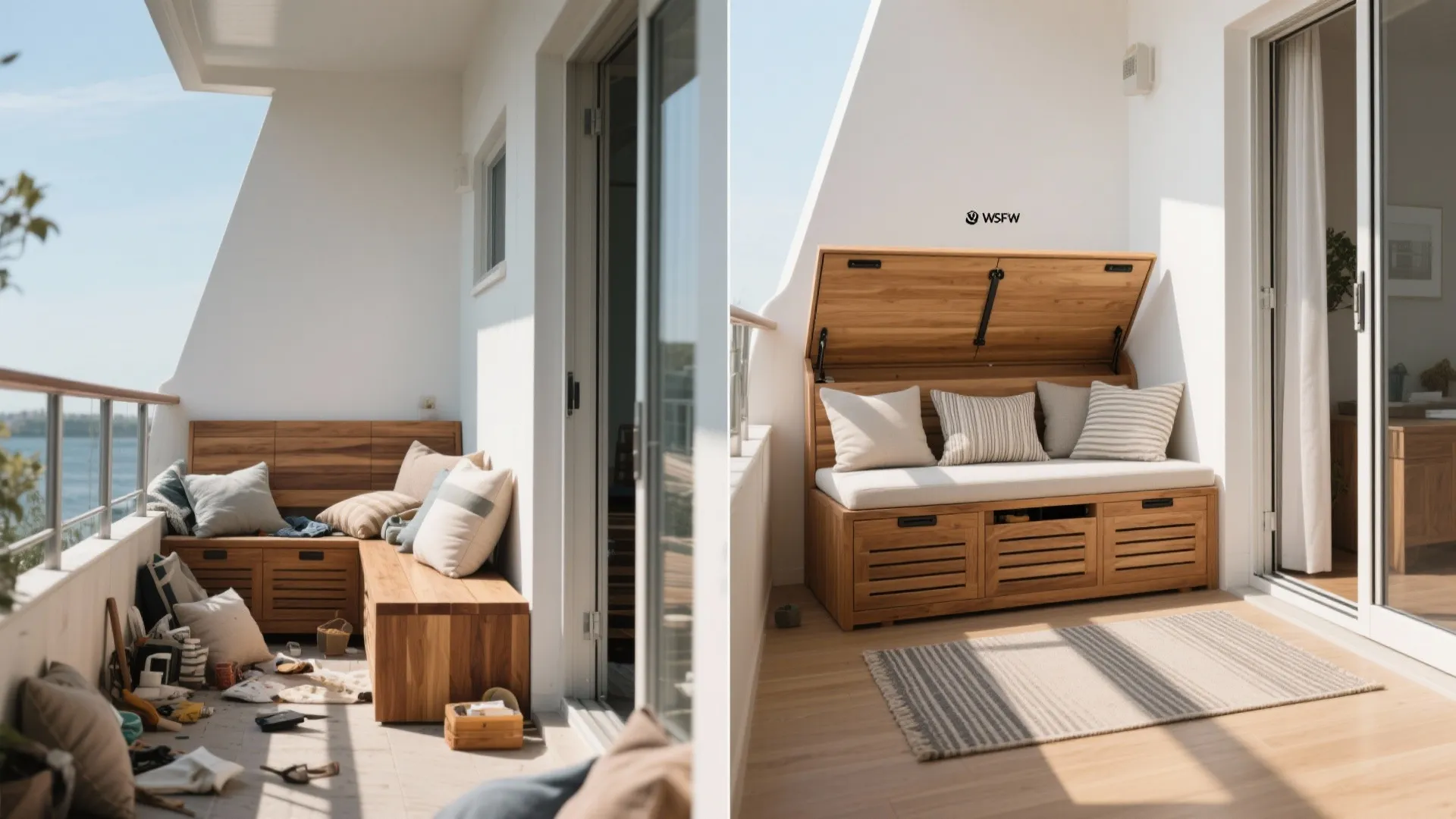 Before and after of a balcony upgraded with a teak storage bench hiding cushions inside.