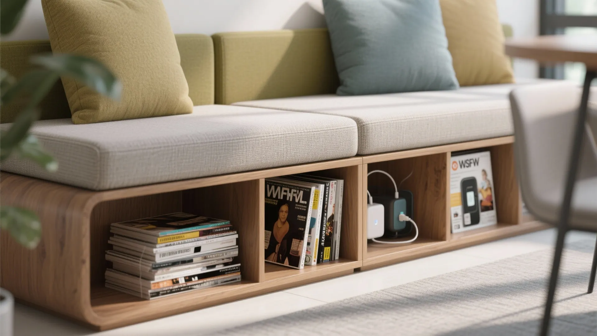 Wooden storage bench with grey cushions, colorful pillows, and open shelves holding magazines and devices