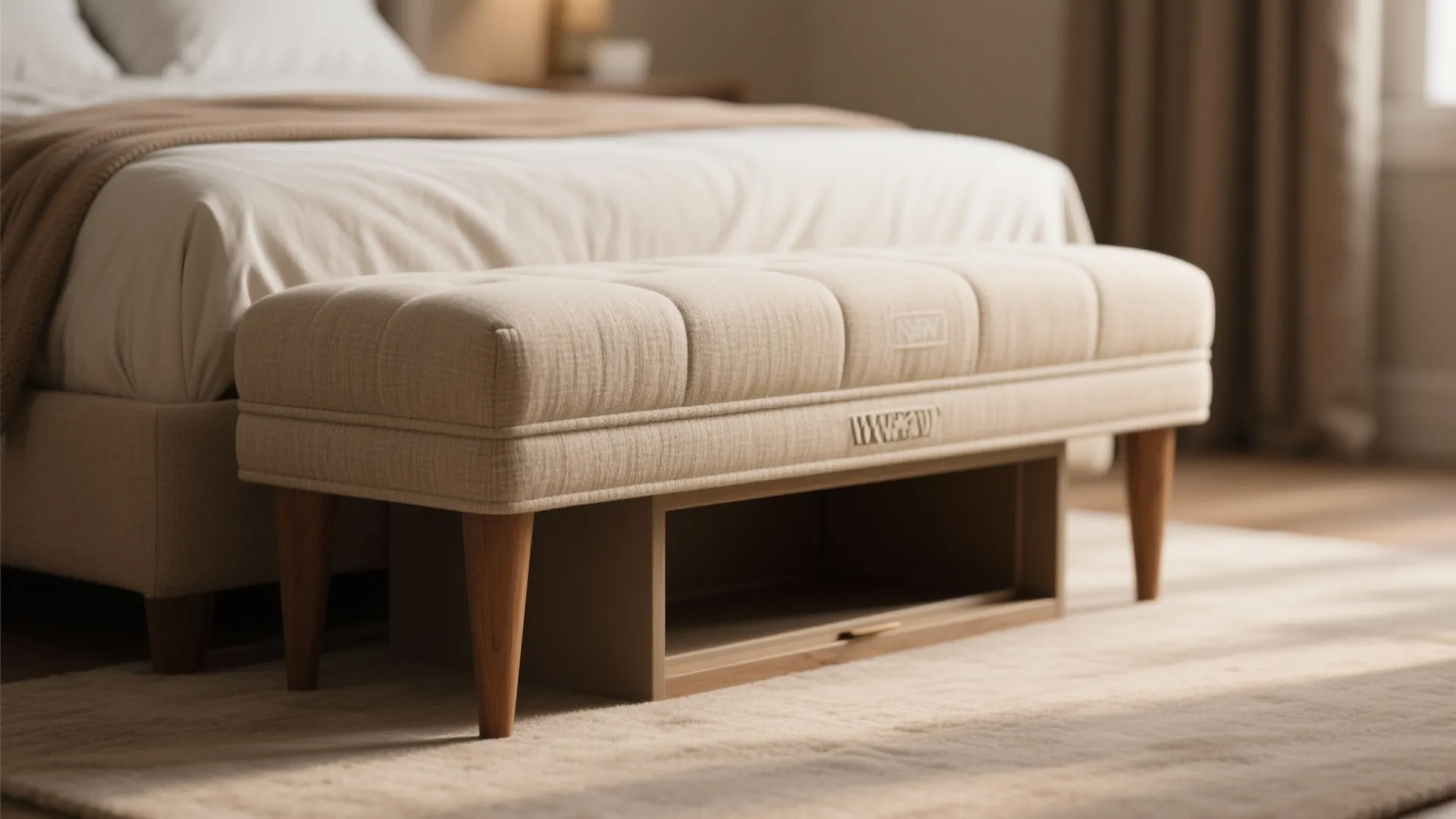 Close up view of a fabric footrest with storage space at the end of bed