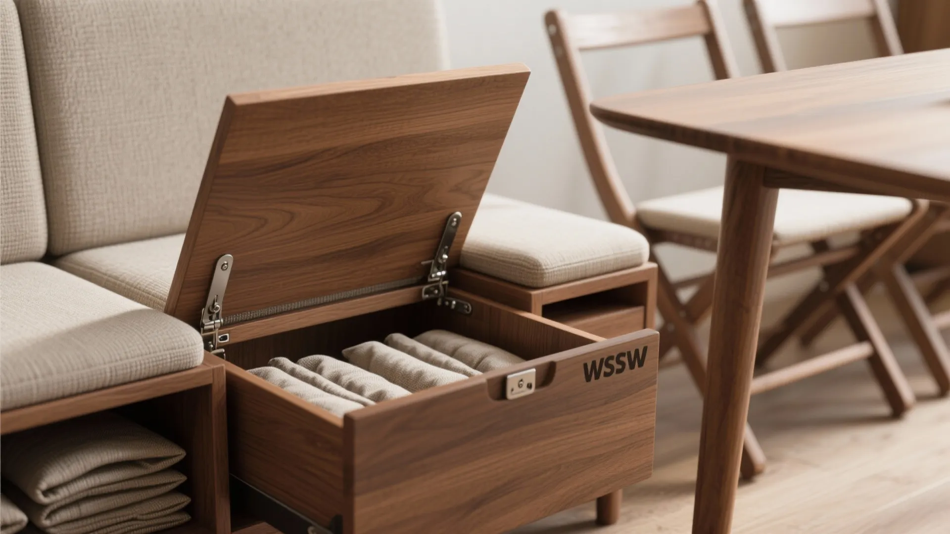 Close-up of a storage bench opening to reveal hidden compartments next to stacked folding chairs.