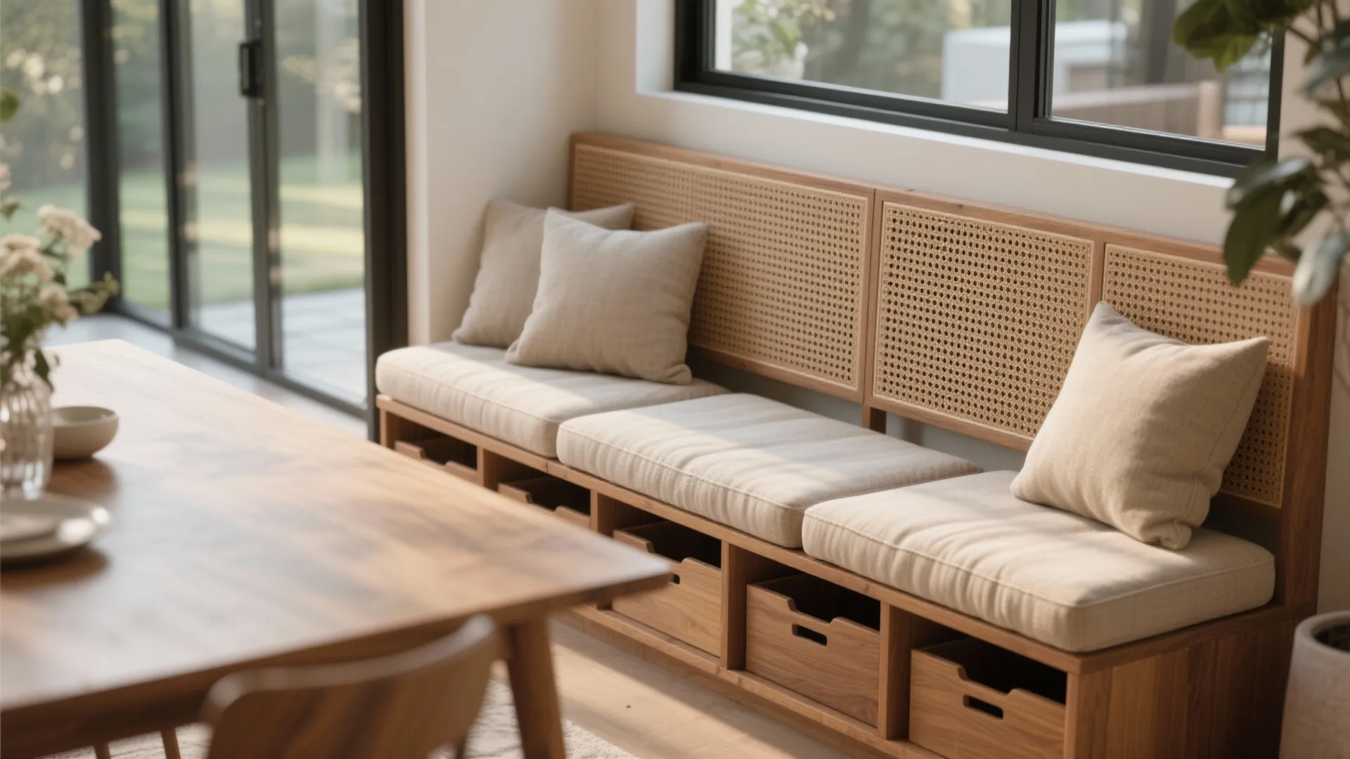 5. Dual-purpose bench with storage and cushions