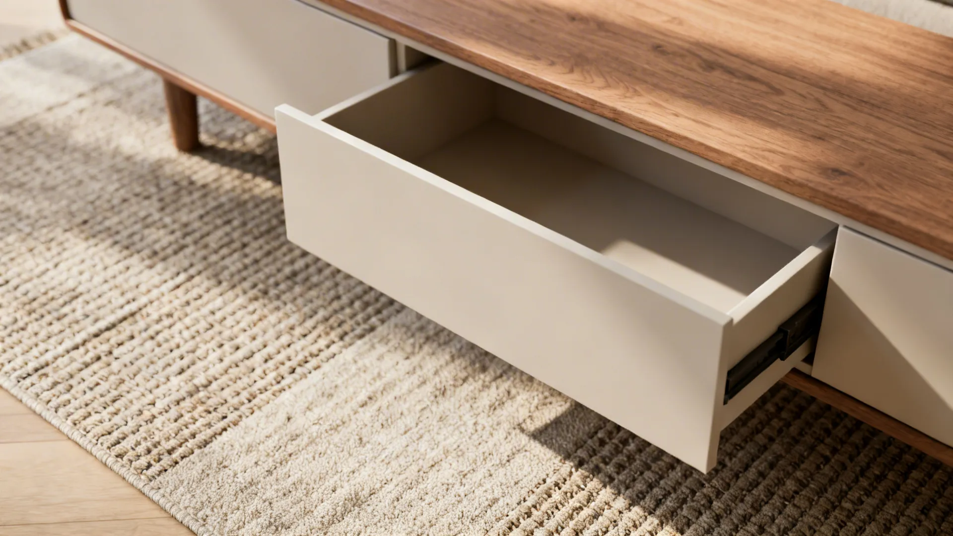 Narrow storage bench serving as a coffee table with a hidden drawer and open compartments.