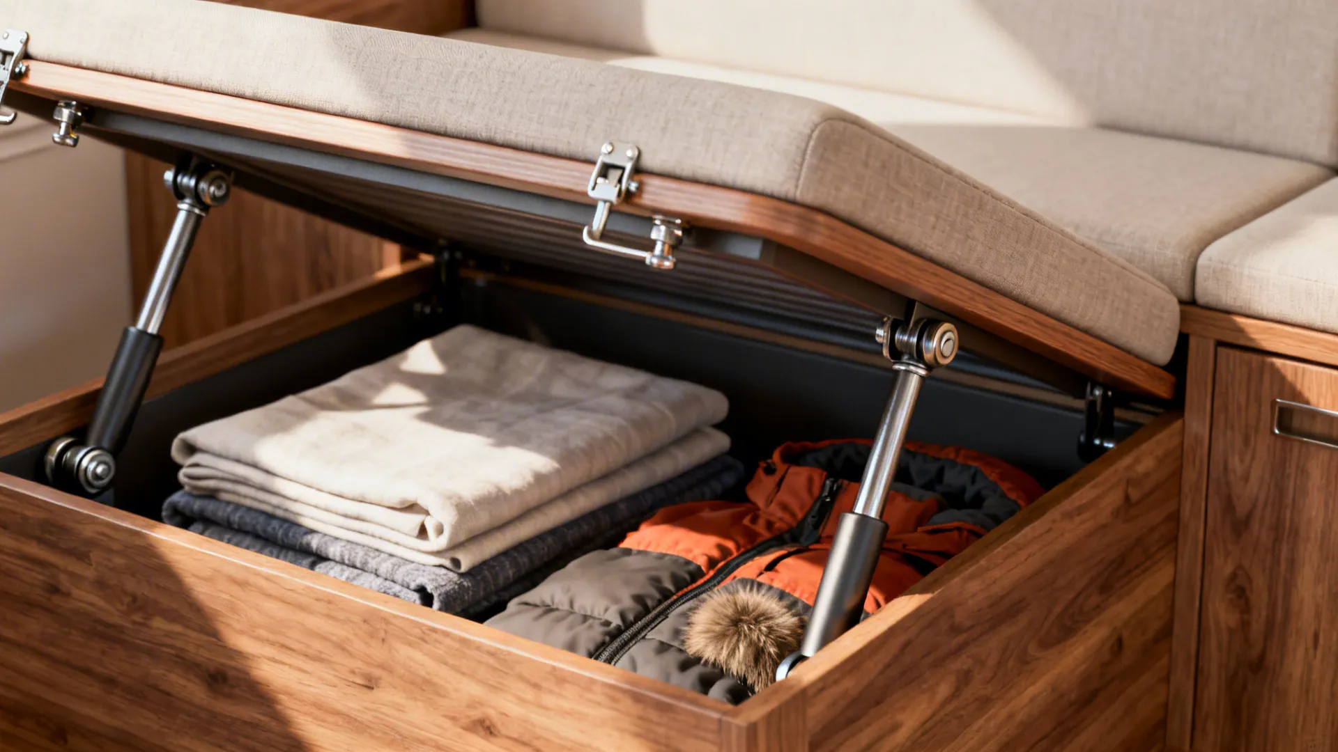 Wooden storage bench with an open lid showing folded clothes and jackets inside the cabinet