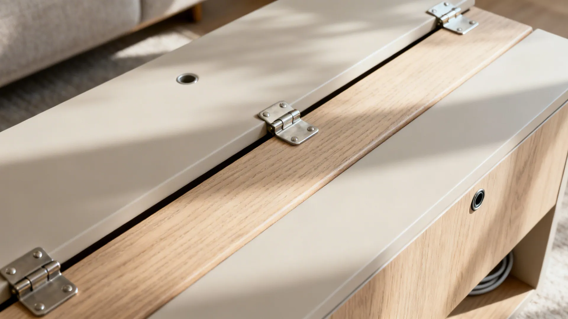 Close-up of lift-up storage bench with light oak veneer and brushed hardware.