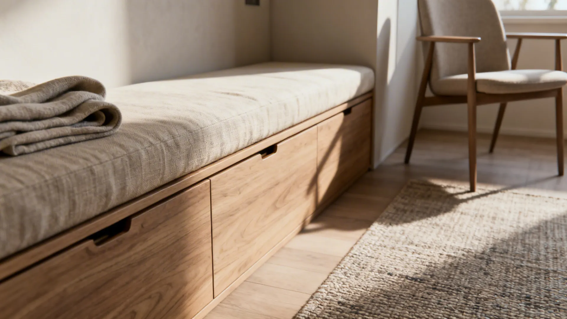 Storage bench with removable linen cover and hidden blanket storage in a compact living room.