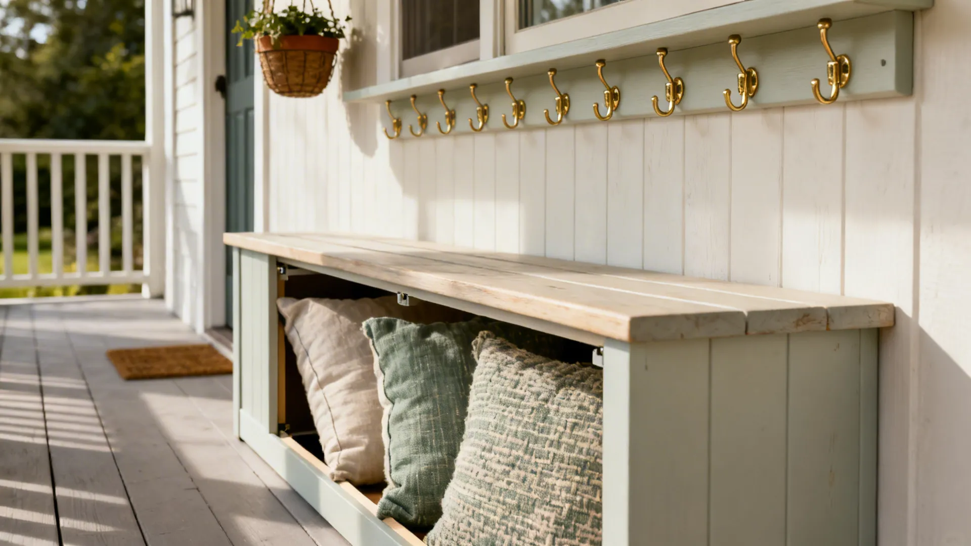 Slim storage bench on a tiny porch with cushions stored inside and wall hooks above.