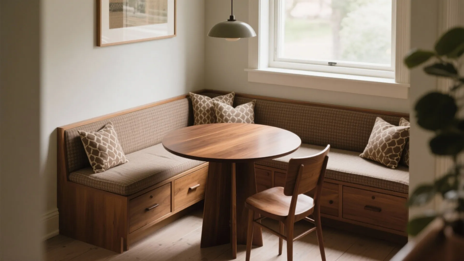 Wooden dining nook with round table built-in bench storage patterned pillows chair and ceiling light