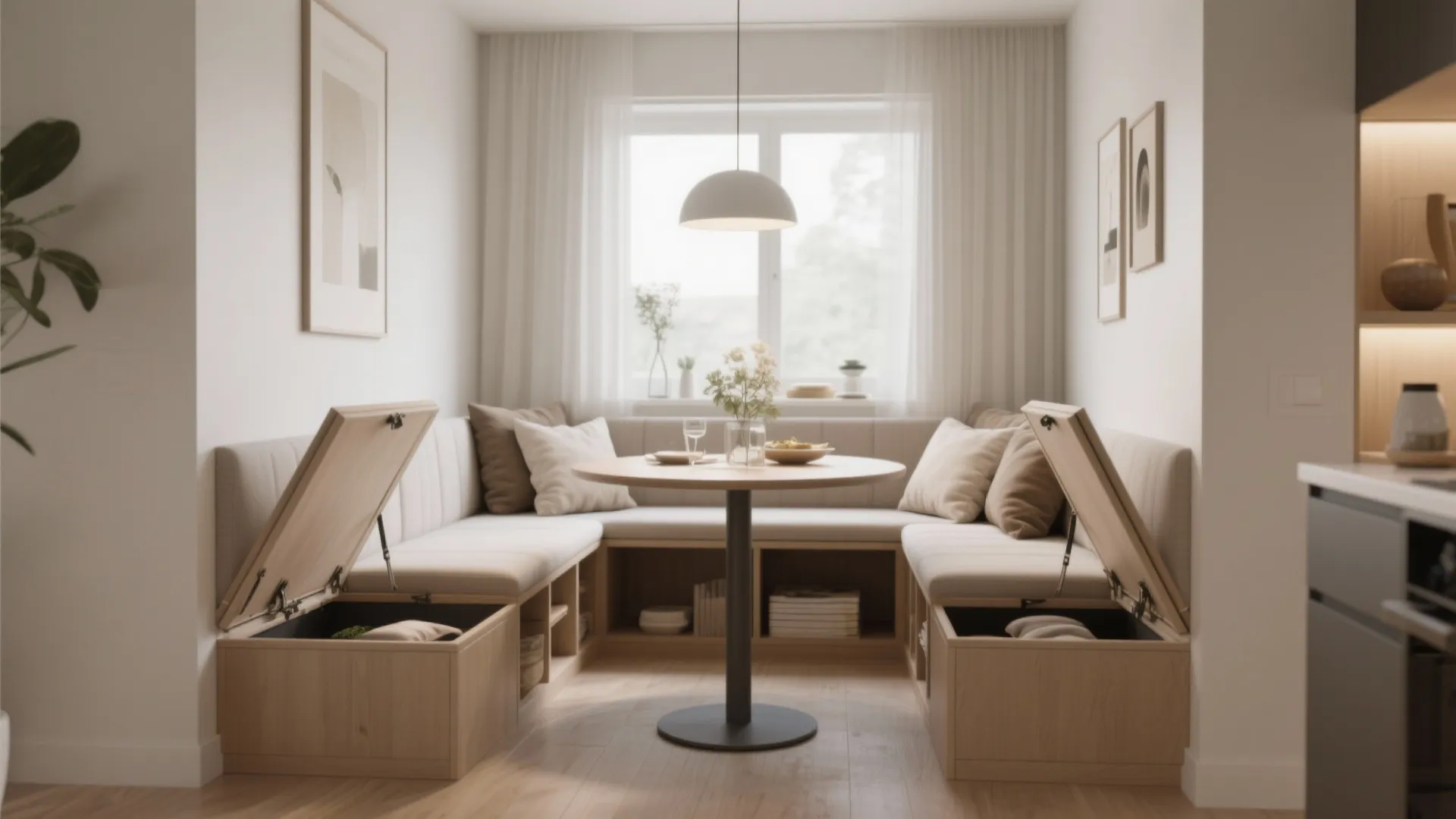 Small dining bench with open storage compartments around a round wooden table and white walls