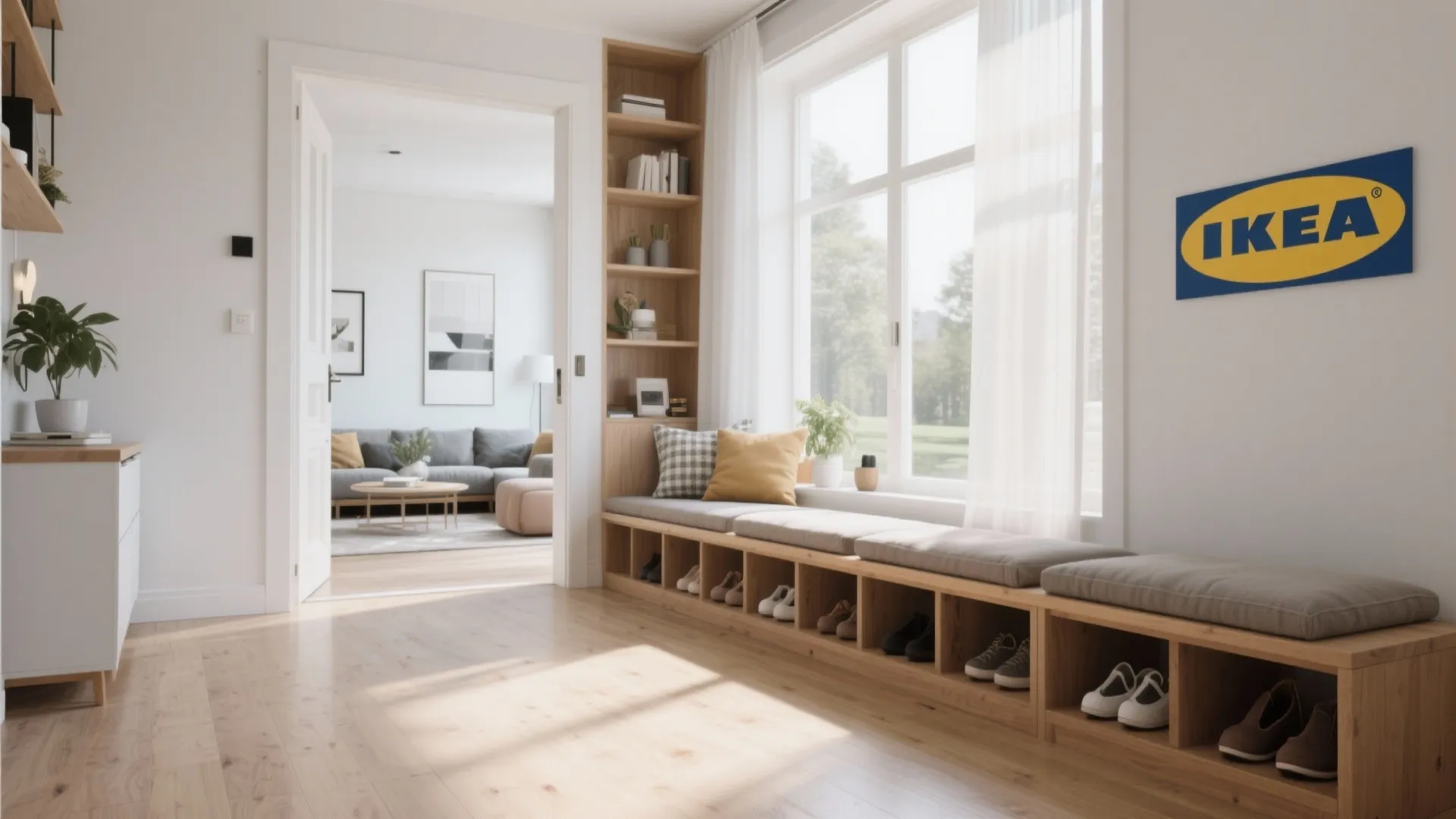 Long IKEA storage bench separating entryway and lounge