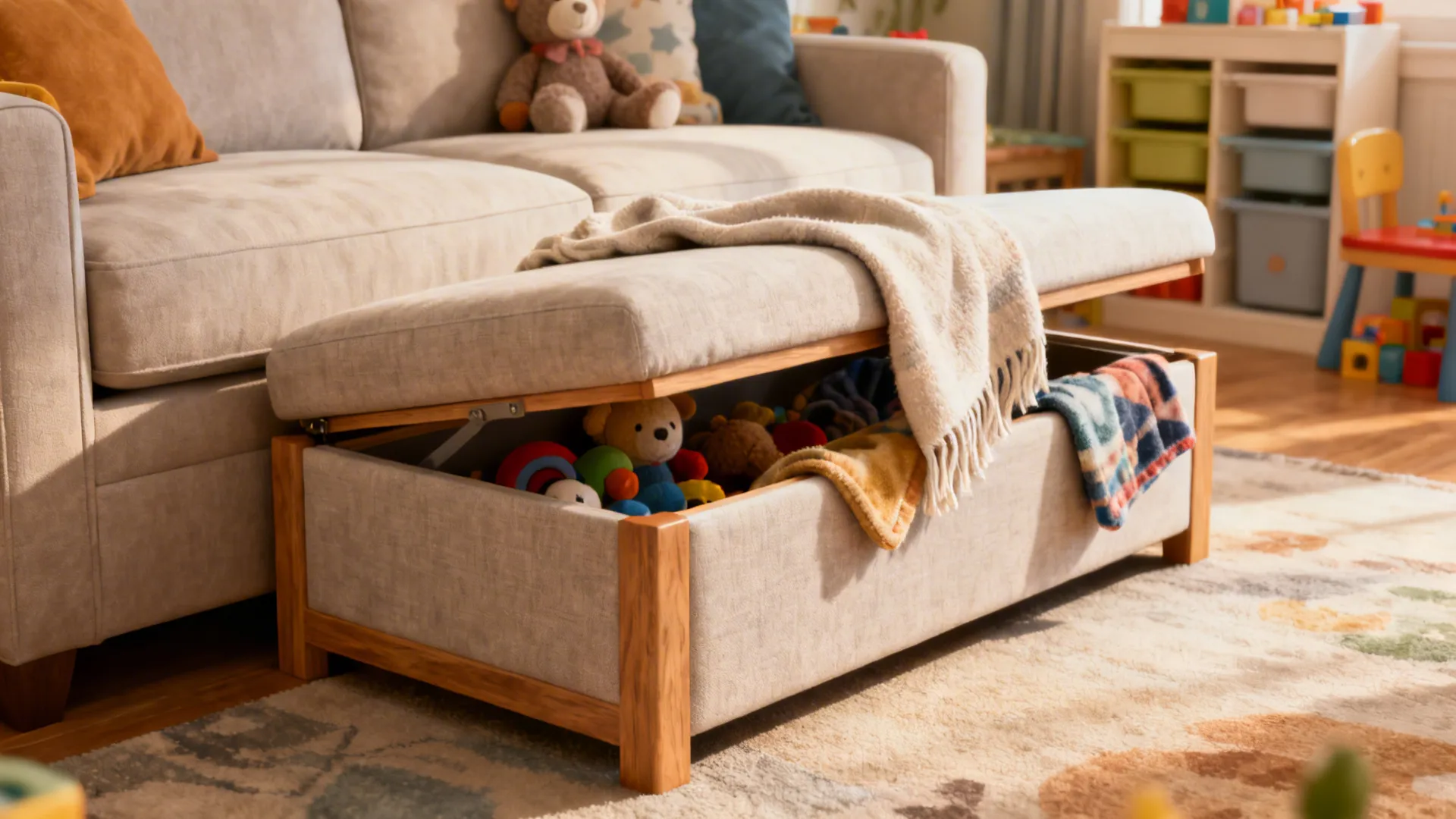 Storage bench at the sofa end used as an ottoman and toy chest in a family living room.