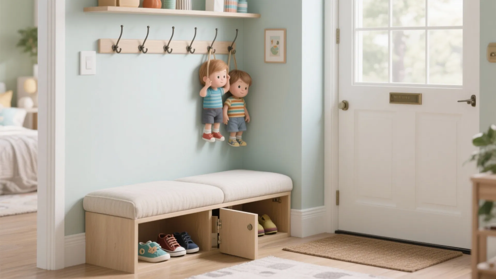 Entryway with cushioned storage bench and hidden compartment