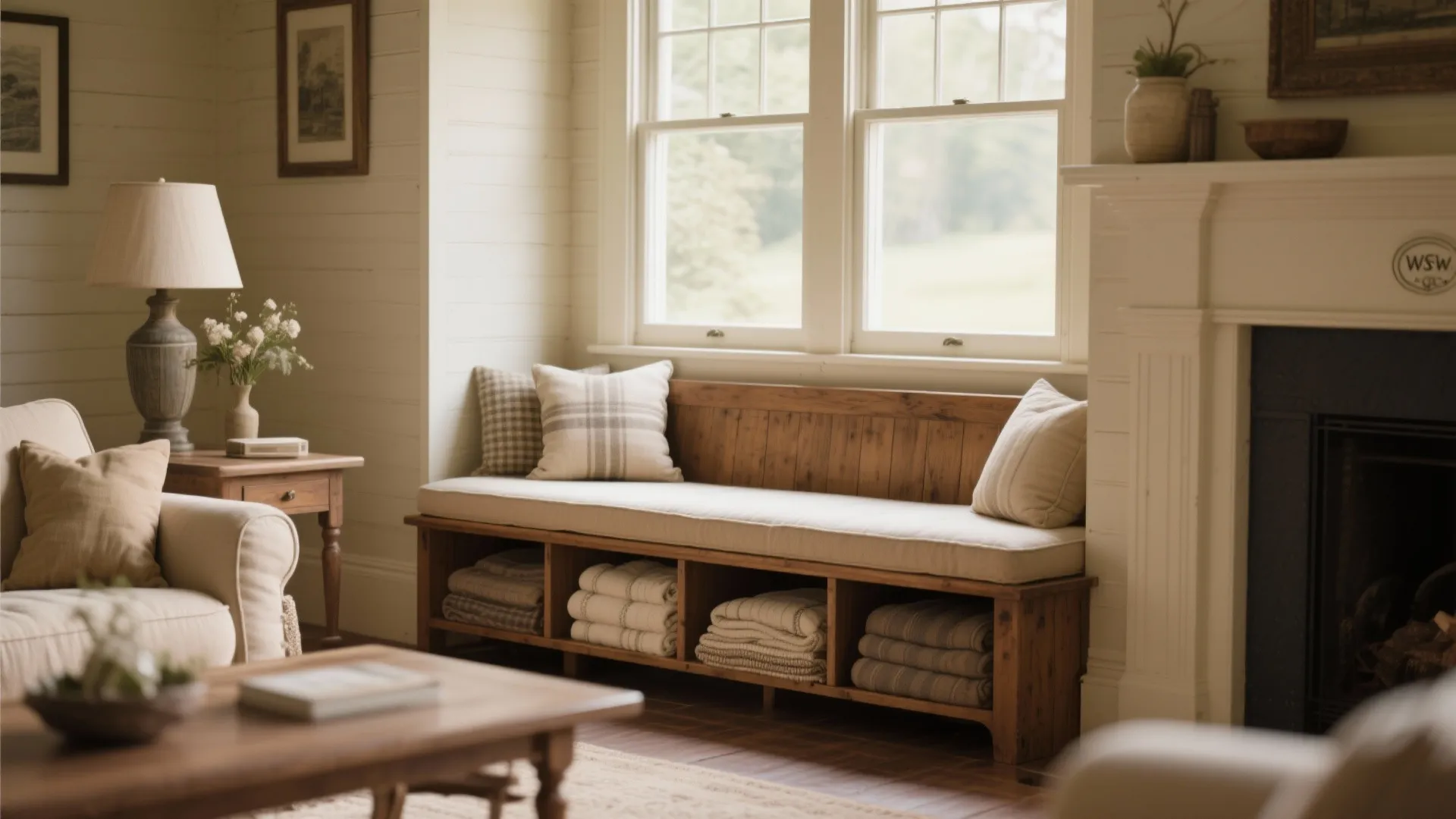 Wooden storage bench with white cushion and pillows placed under windows in a bright room