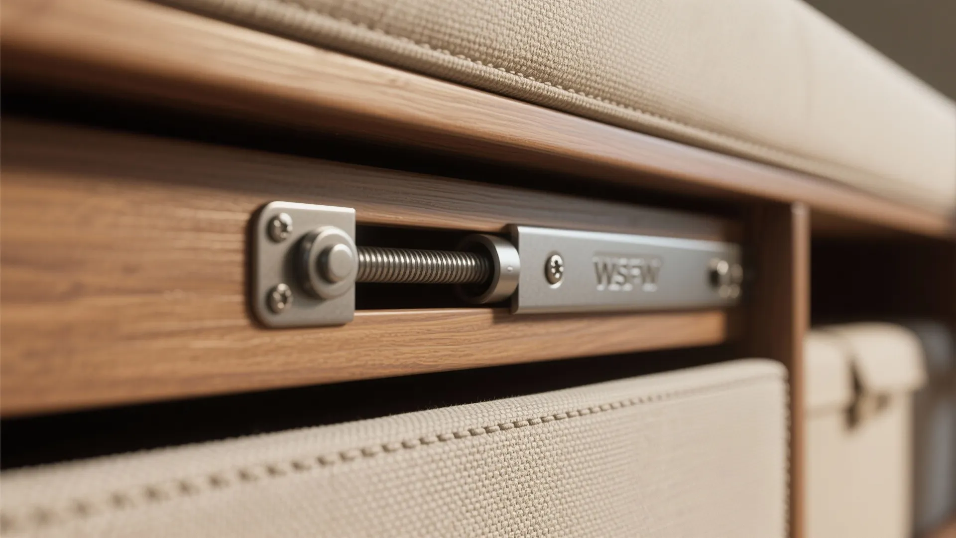 Close up of a metal hinge mechanism on a wooden storage bench with fabric seat cushion