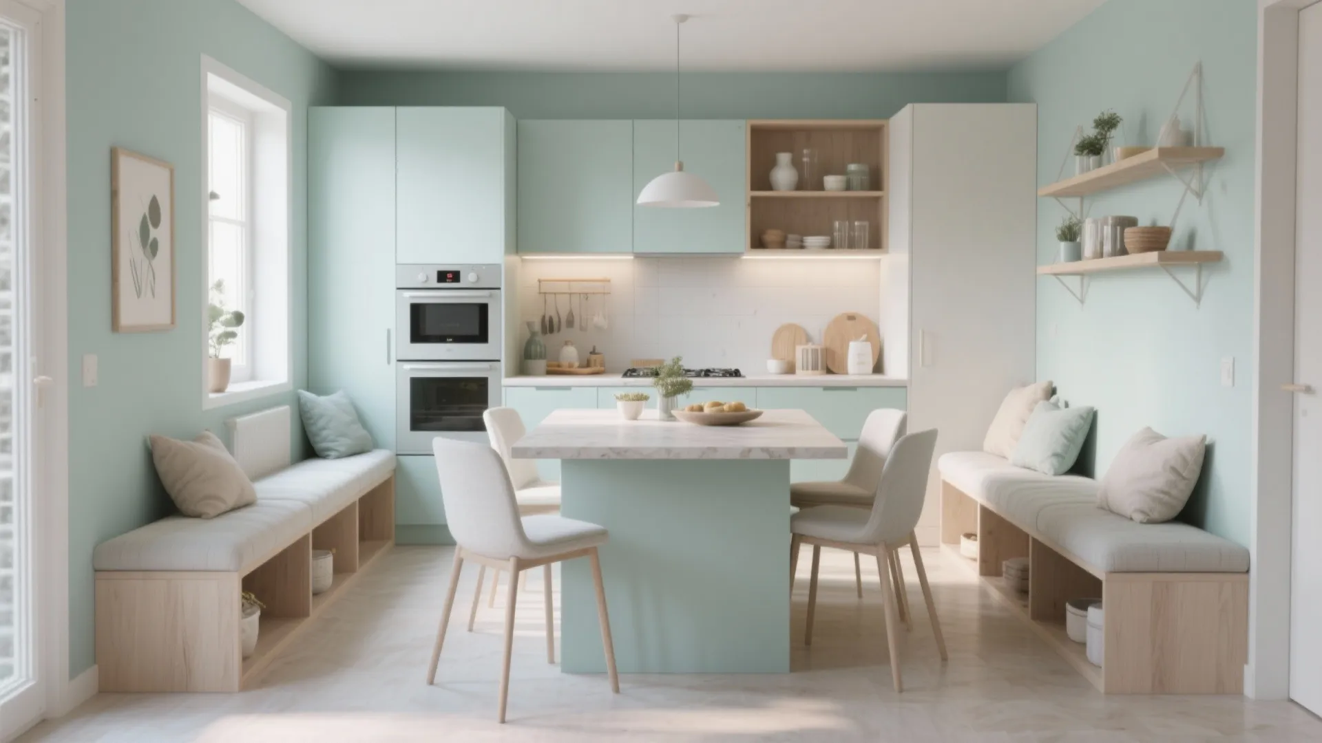 Kitchen island dining area with built-in storage benches