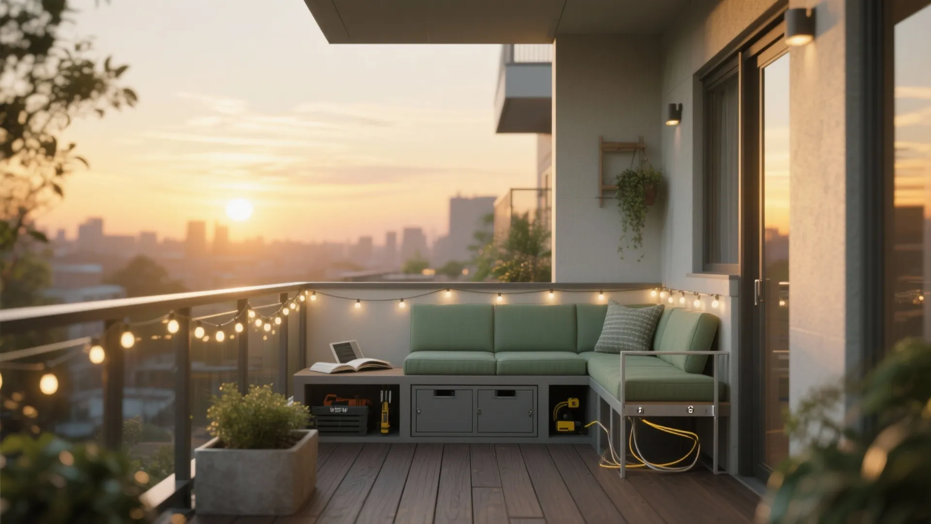 Modern balcony at sunset featuring green corner sofa with storage and warm glowing string lights